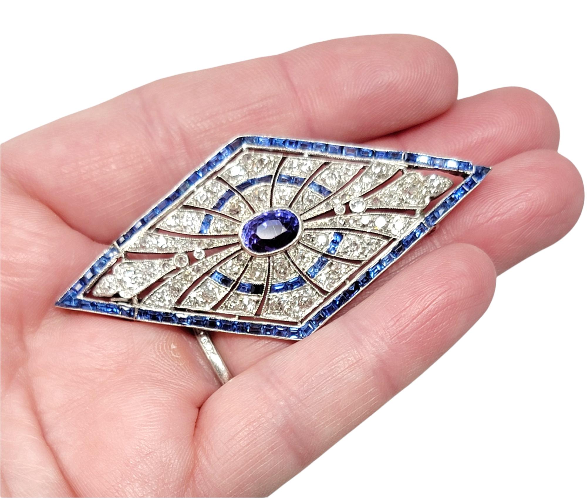 Vintage Oval Mixed Cut Sapphire and Diamond Brooch in Platinum 8.20 Carats Total For Sale 5