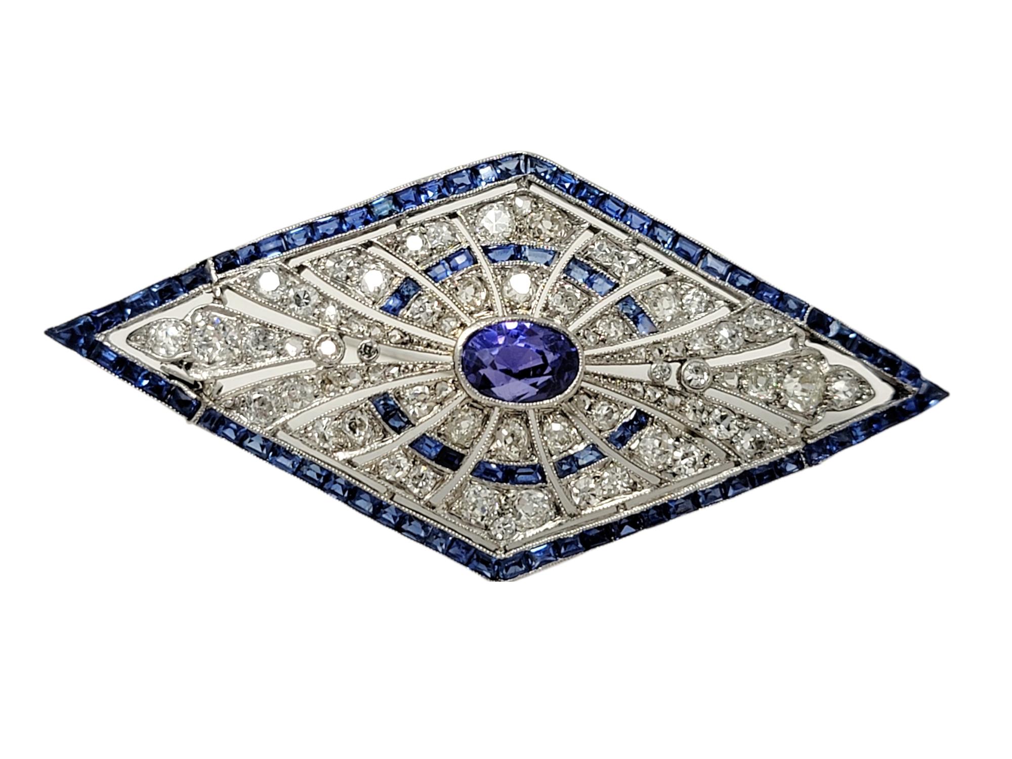 Art Deco Vintage Oval Mixed Cut Sapphire and Diamond Brooch in Platinum 8.20 Carats Total For Sale