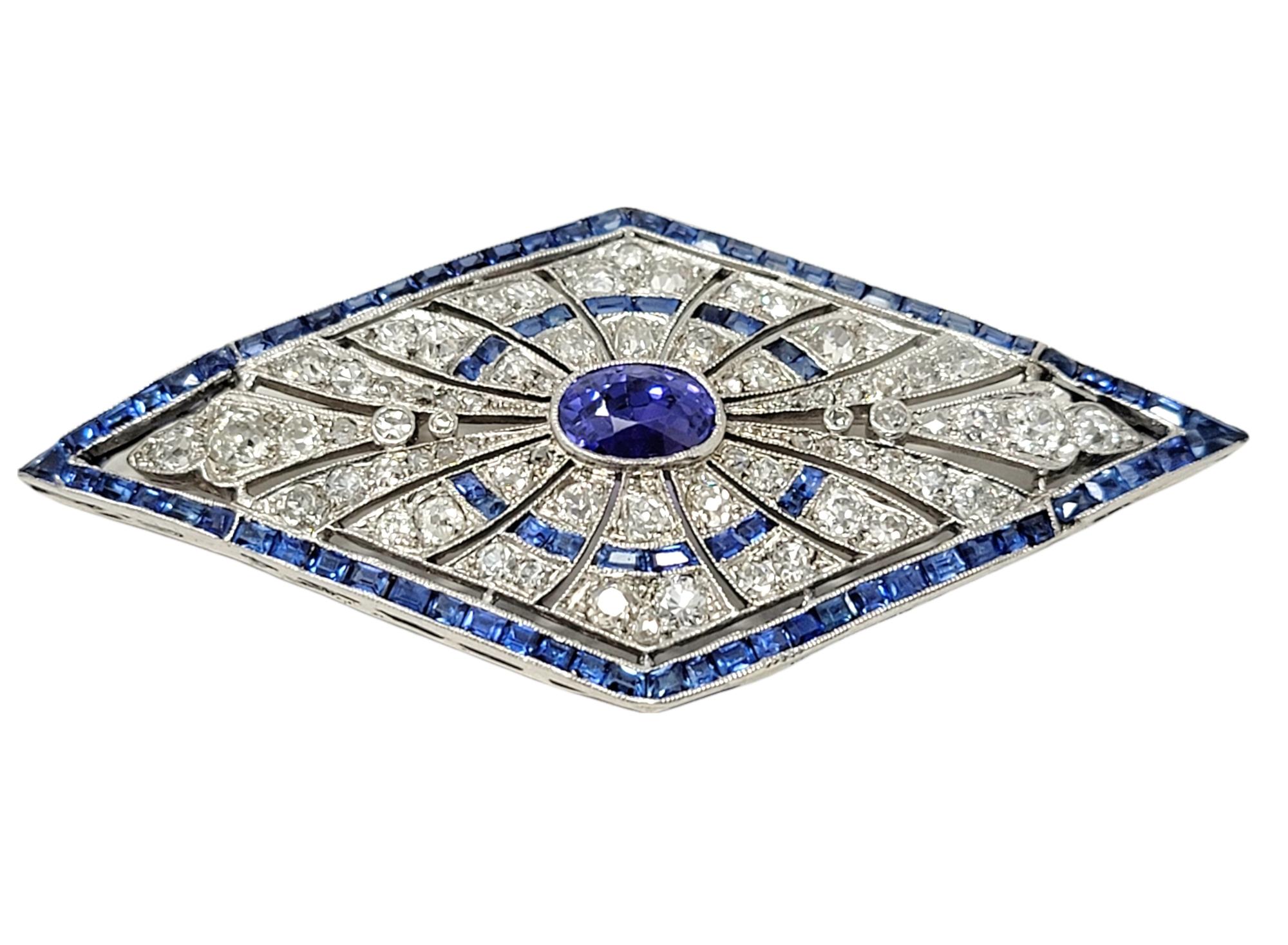 Oval Cut Vintage Oval Mixed Cut Sapphire and Diamond Brooch in Platinum 8.20 Carats Total For Sale