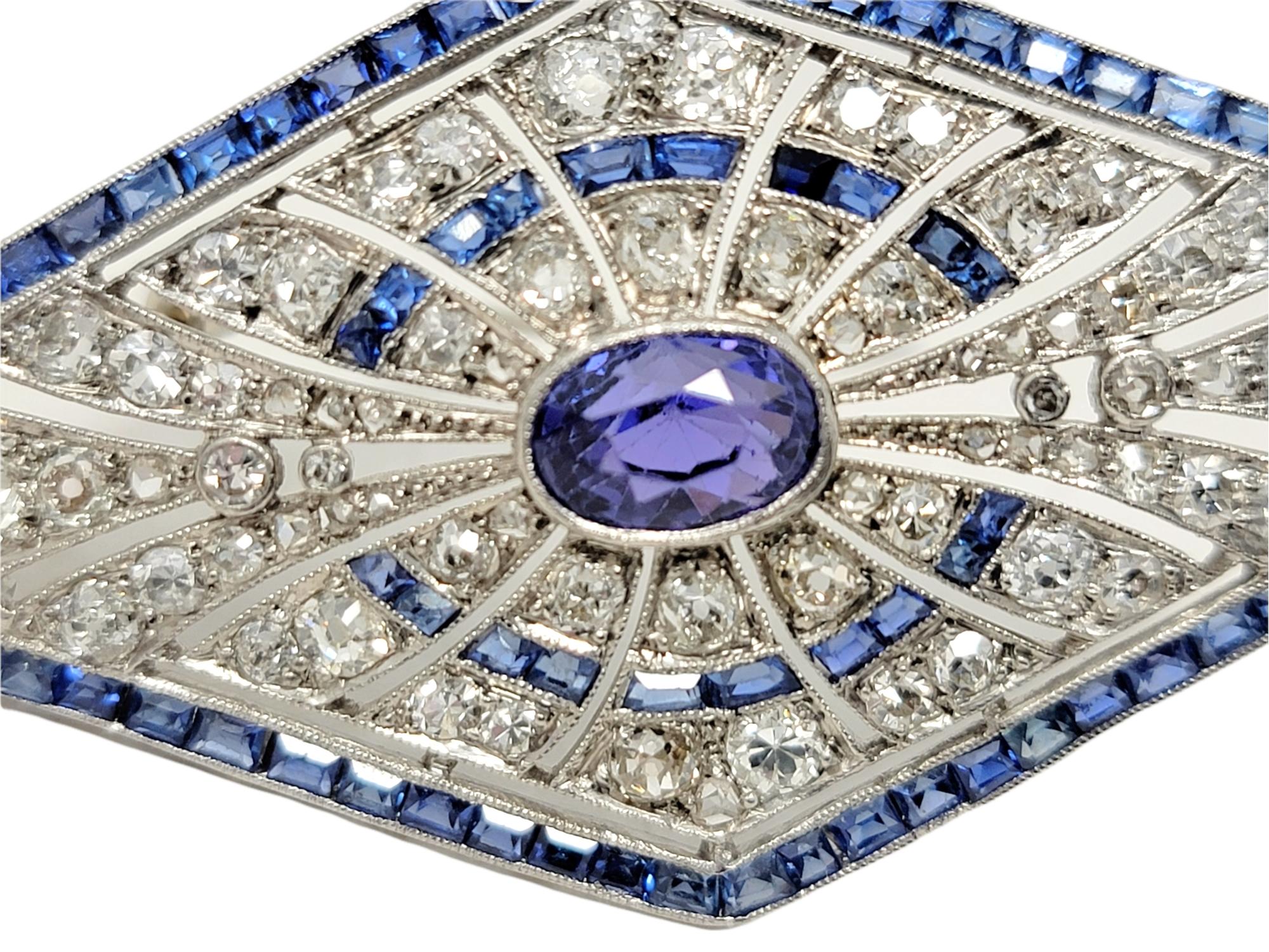 Vintage Oval Mixed Cut Sapphire and Diamond Brooch in Platinum 8.20 Carats Total In Good Condition For Sale In Scottsdale, AZ