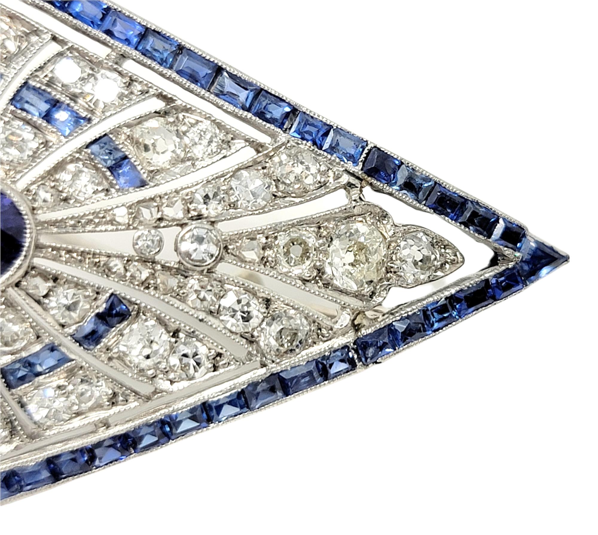 Women's Vintage Oval Mixed Cut Sapphire and Diamond Brooch in Platinum 8.20 Carats Total For Sale