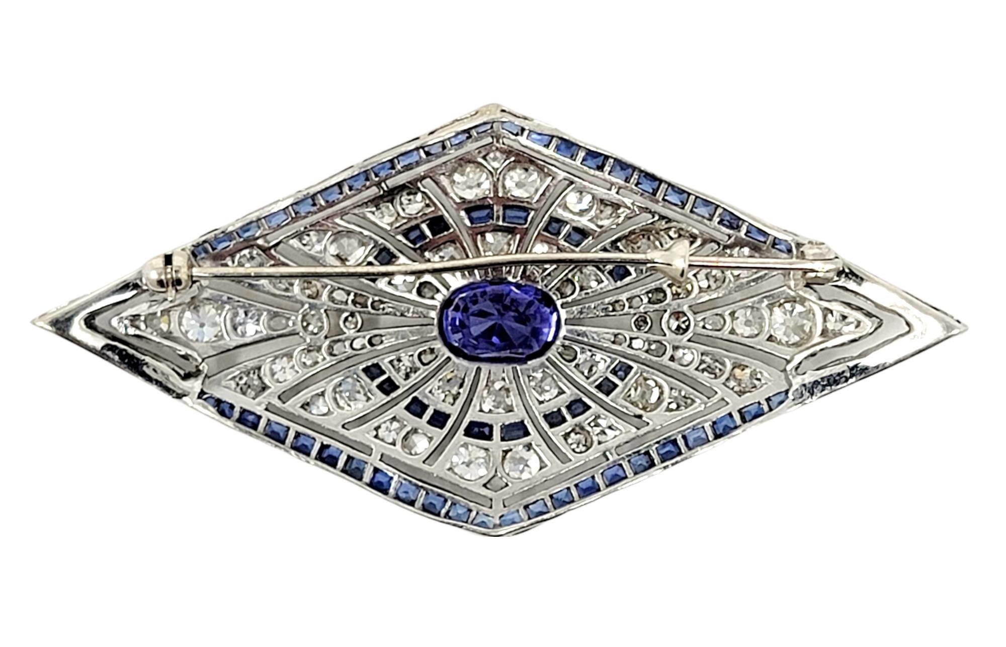 Vintage Oval Mixed Cut Sapphire and Diamond Brooch in Platinum 8.20 Carats Total For Sale 2