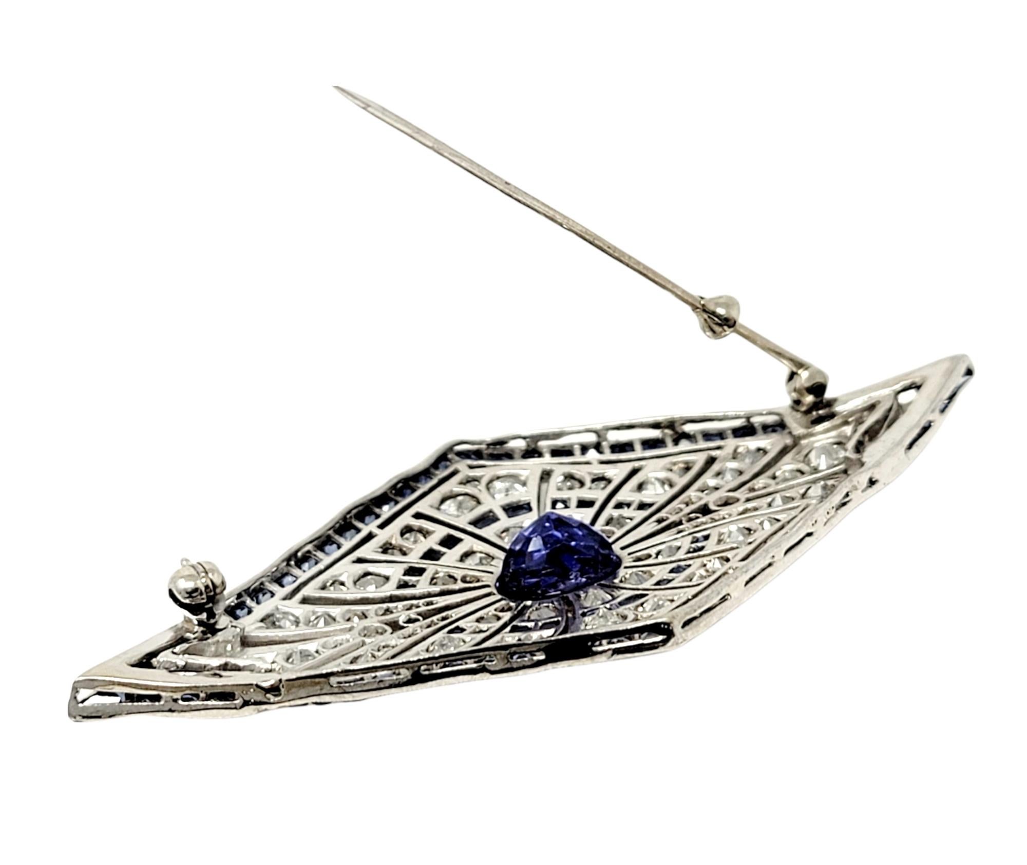 Vintage Oval Mixed Cut Sapphire and Diamond Brooch in Platinum 8.20 Carats Total For Sale 3