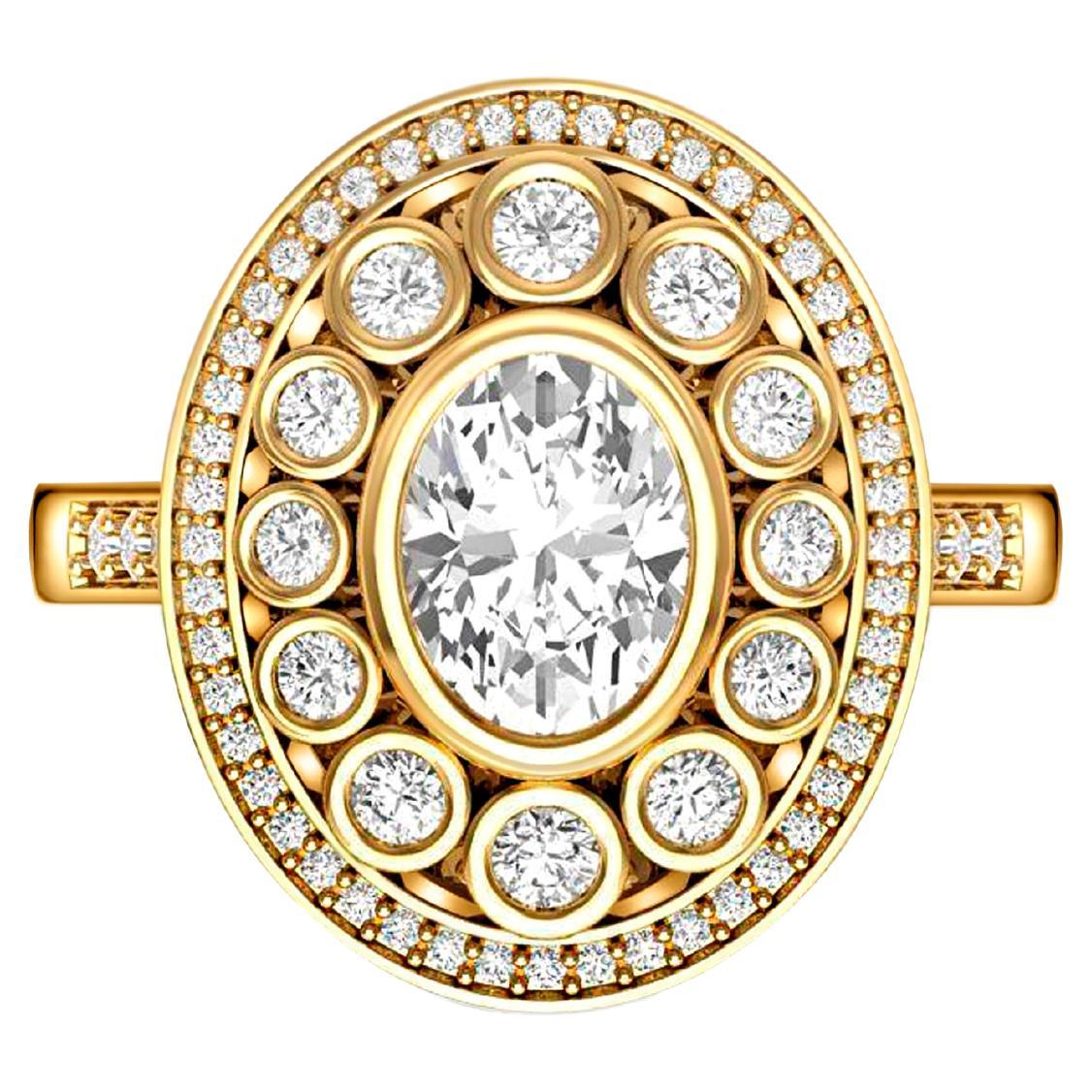 Vintage oval Moissanite Double halo 14k Gold Ring. For Sale