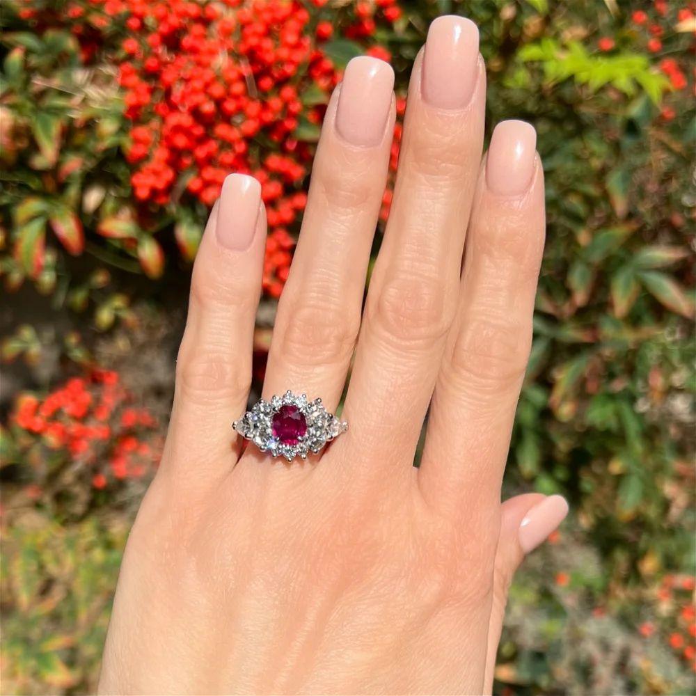 Modern Vintage Oval NO HEAT Ruby GIA and RBC & Pear Diamond Platinum Ring For Sale