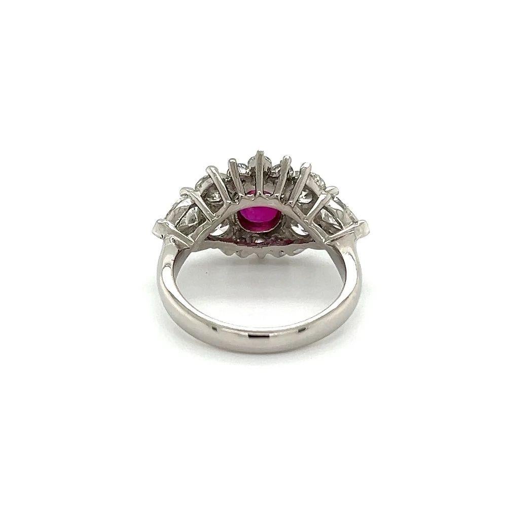 Vintage Oval NO HEAT Ruby GIA and RBC & Pear Diamond Platinum Ring In Excellent Condition For Sale In Montreal, QC