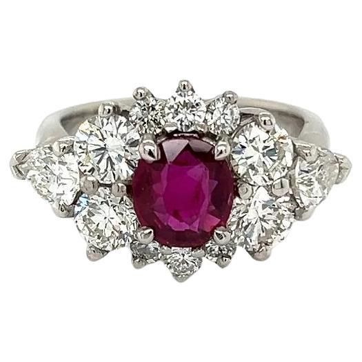 Vintage Oval NO HEAT Ruby GIA and RBC & Pear Diamond Platinum Ring