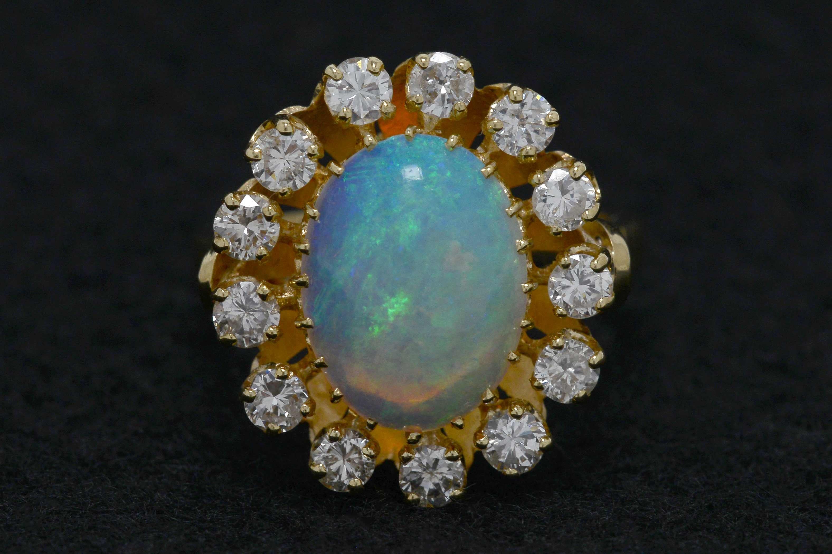 Women's Vintage Oval Opal Diamond 4.30 Carat Cocktail Engagement Ring Cluster Statement