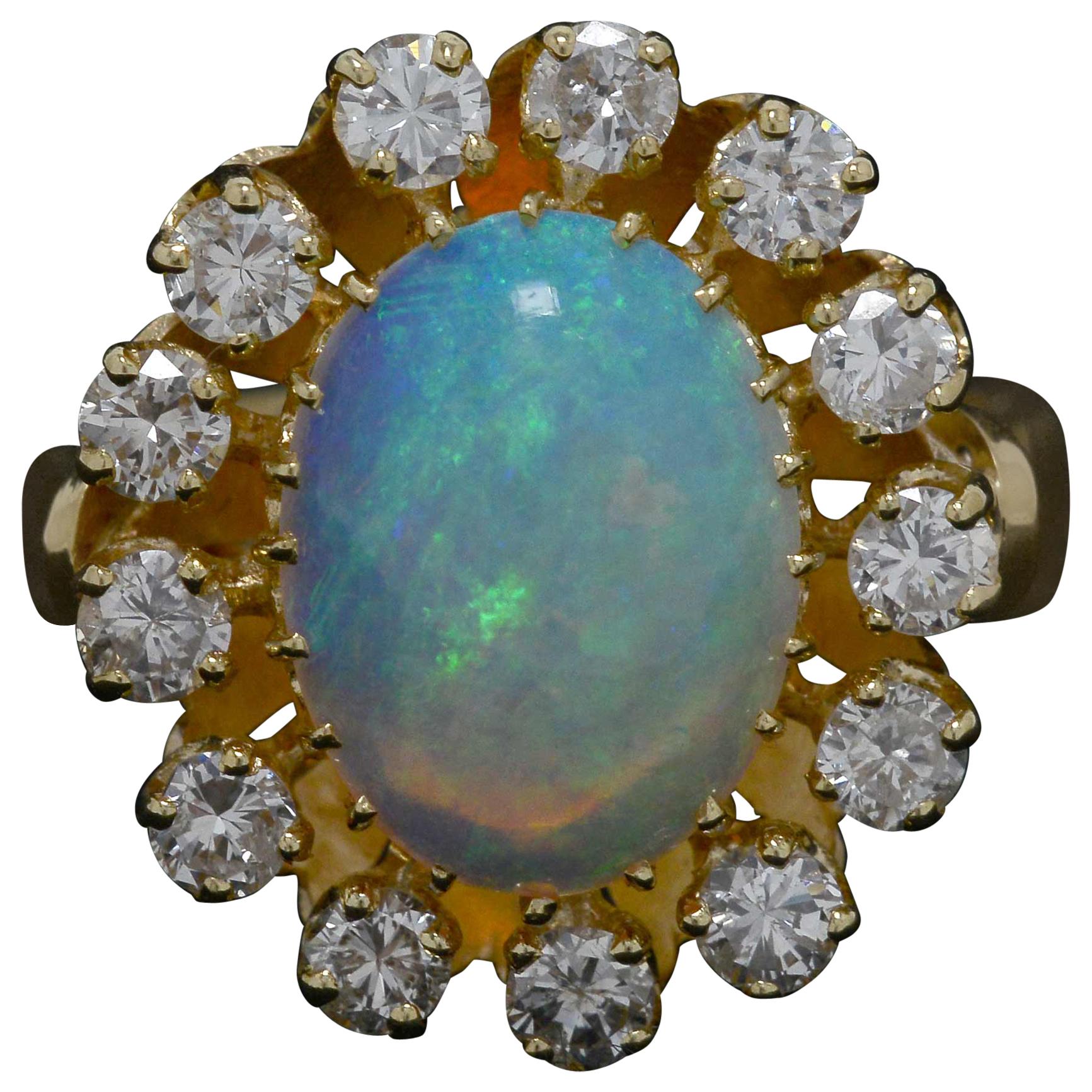 Vintage Oval Opal Diamond 4.30 Carat Cocktail Engagement Ring Cluster Statement