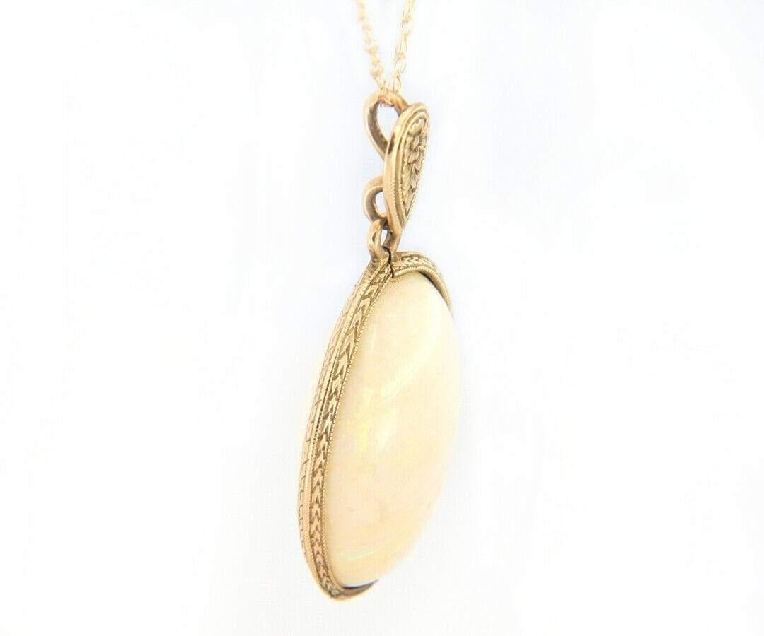 Women's Vintage Oval Opal Engraved Frame Pendant Necklace in 10K Yellow Gold For Sale
