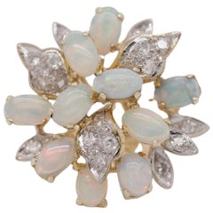 Vintage Oval Opal with Single Diamond 14 Karat Two-Tone Gold Ring