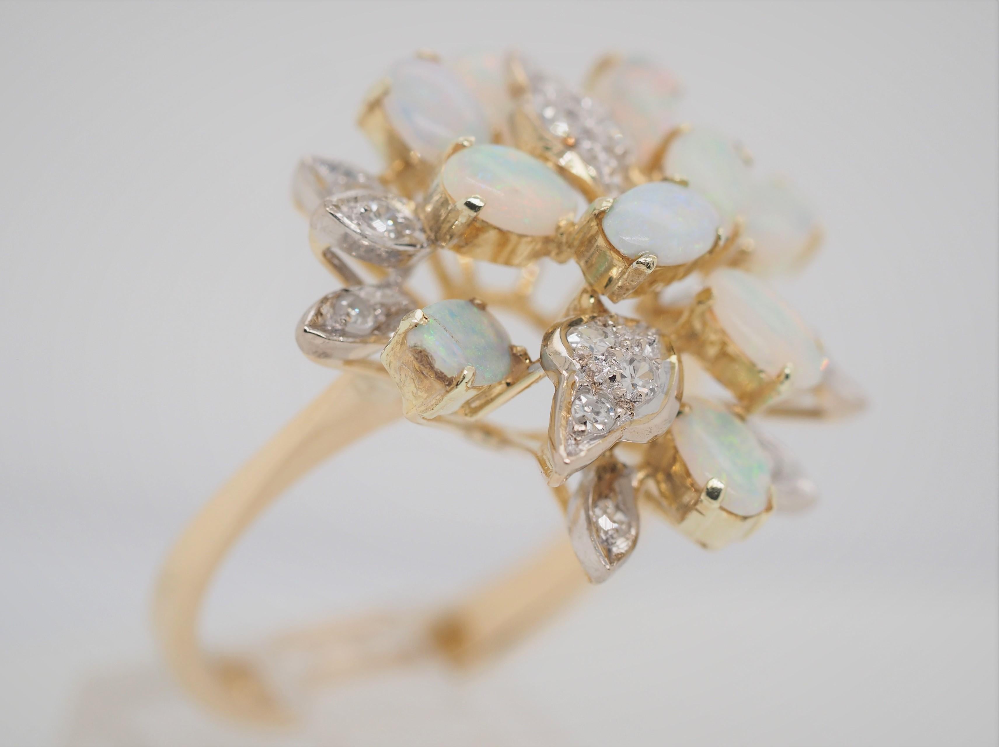 Contemporary Vintage Oval Opal with Single Diamond 14 Karat Two-Tone Gold Ring