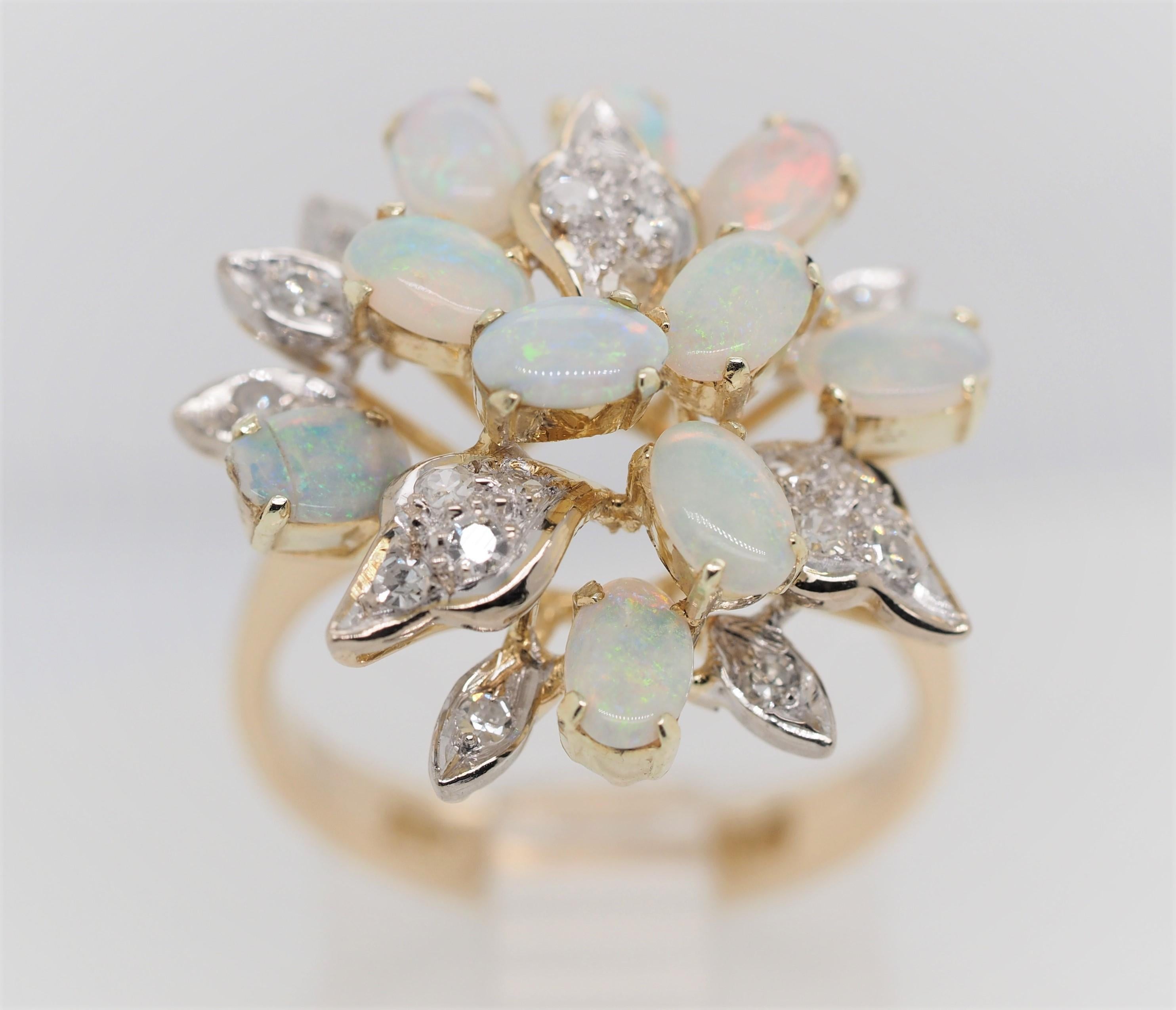 Women's or Men's Vintage Oval Opal with Single Diamond 14 Karat Two-Tone Gold Ring