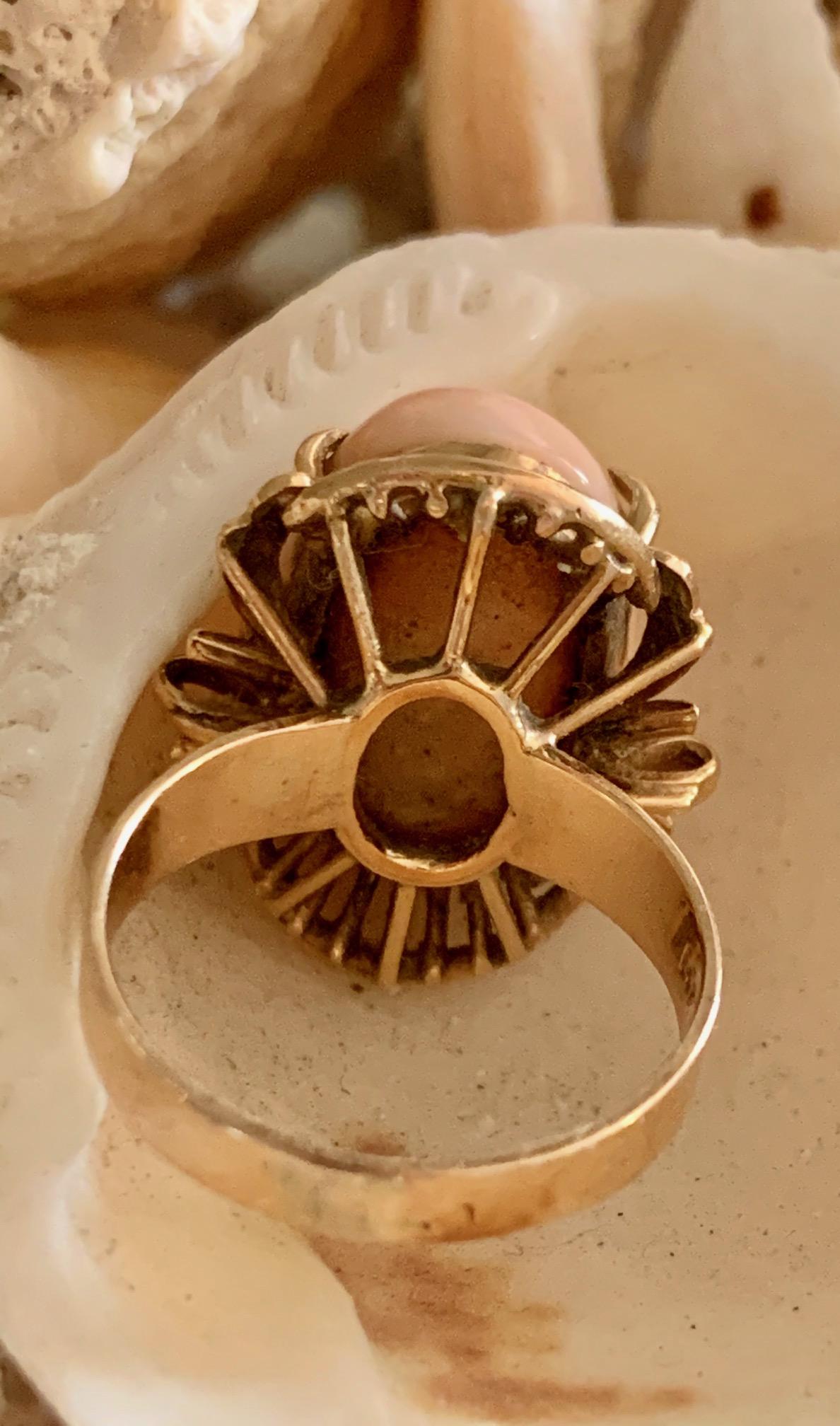 Vintage Oval Rosa Koralle Cabochon 14 Karat Rose Gold Ring Damen