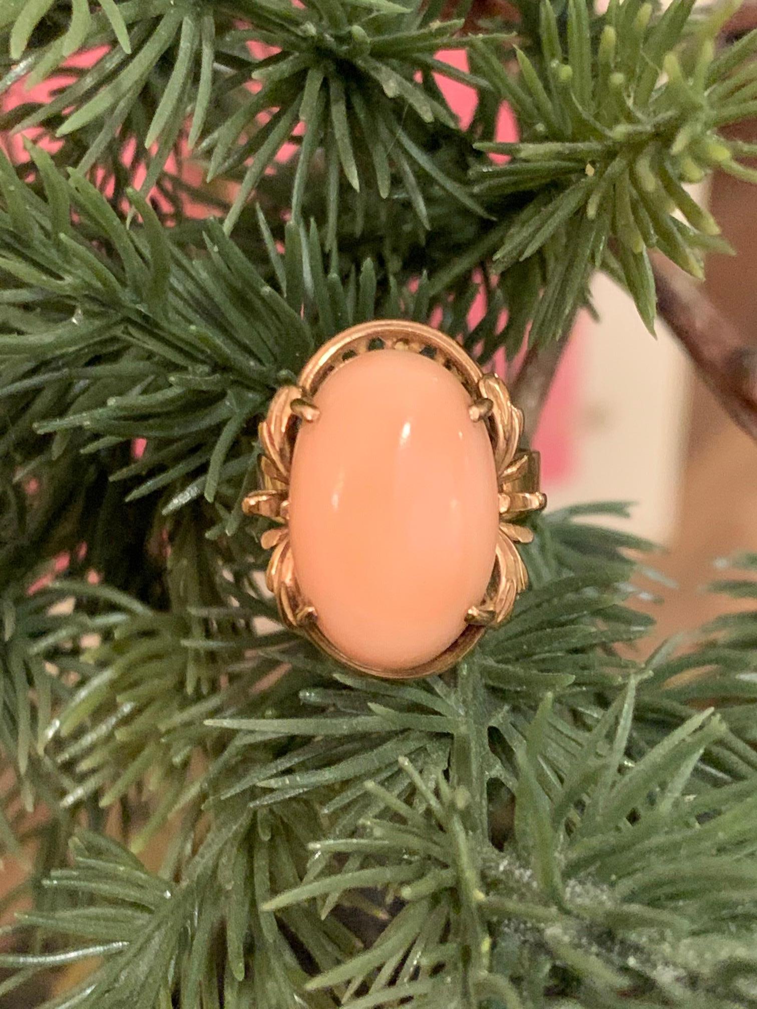 Vintage Oval Rosa Koralle Cabochon 14 Karat Rose Gold Ring 4