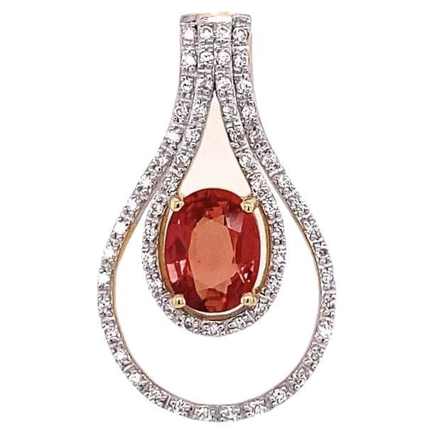 Vintage Oval Pink Orange Sapphire and Diamond Gold Pendant