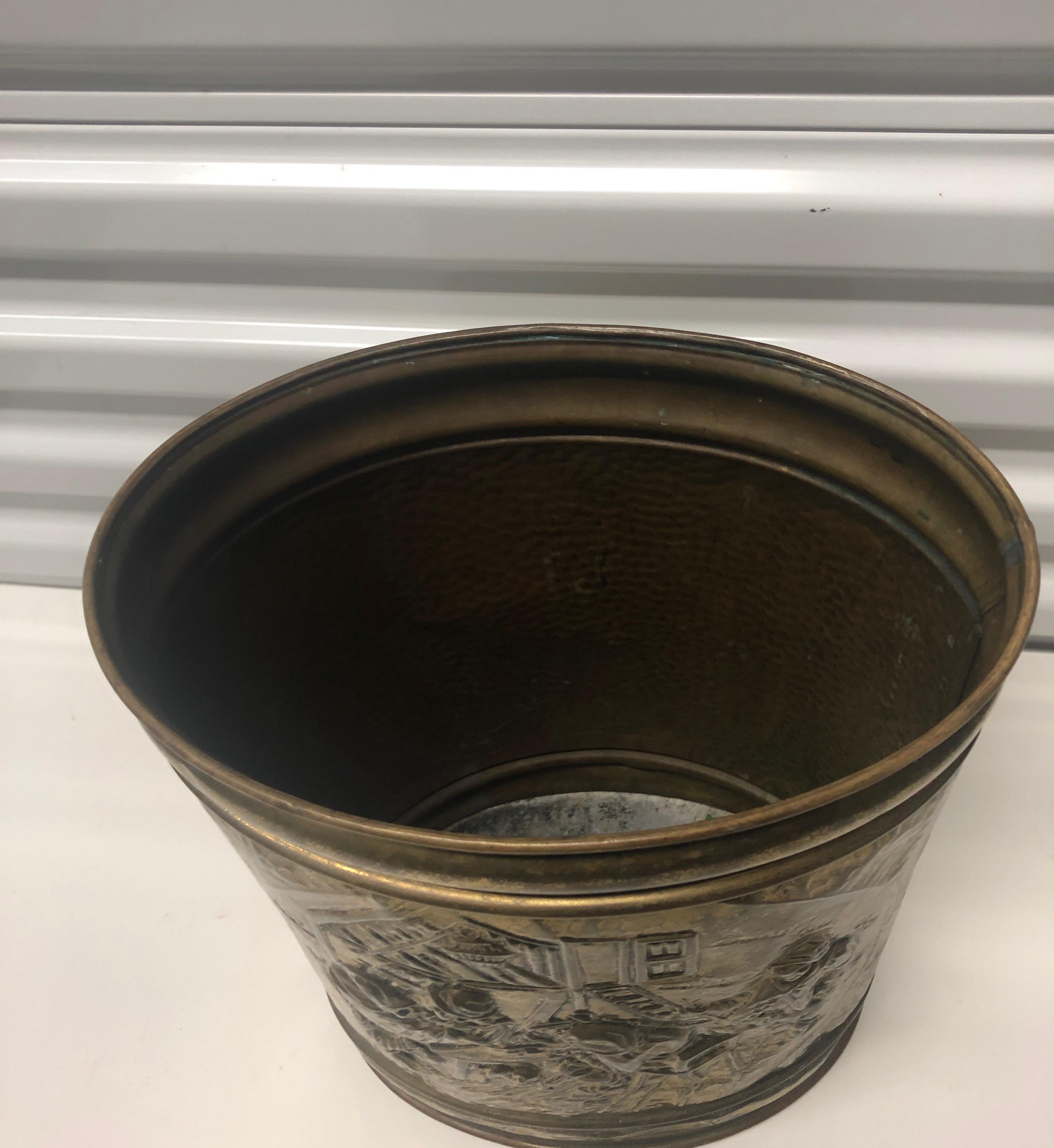 Country Vintage Oval Polished Brass Repousse Wastebasket