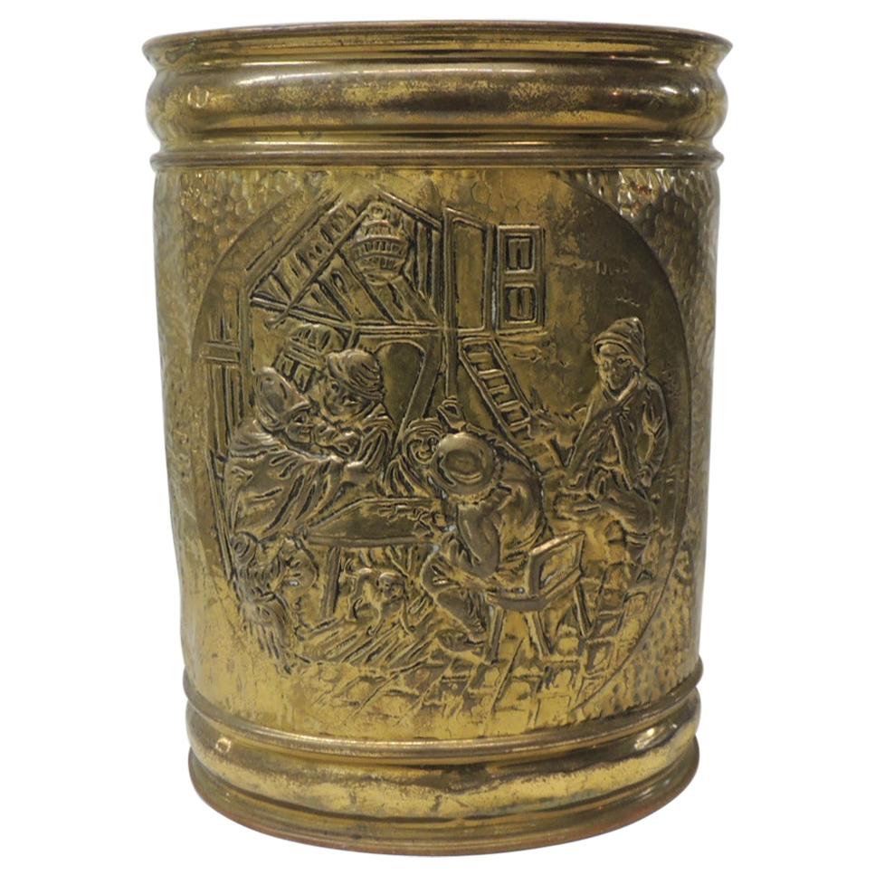Vintage Oval Polished Brass Repousse Wastebasket