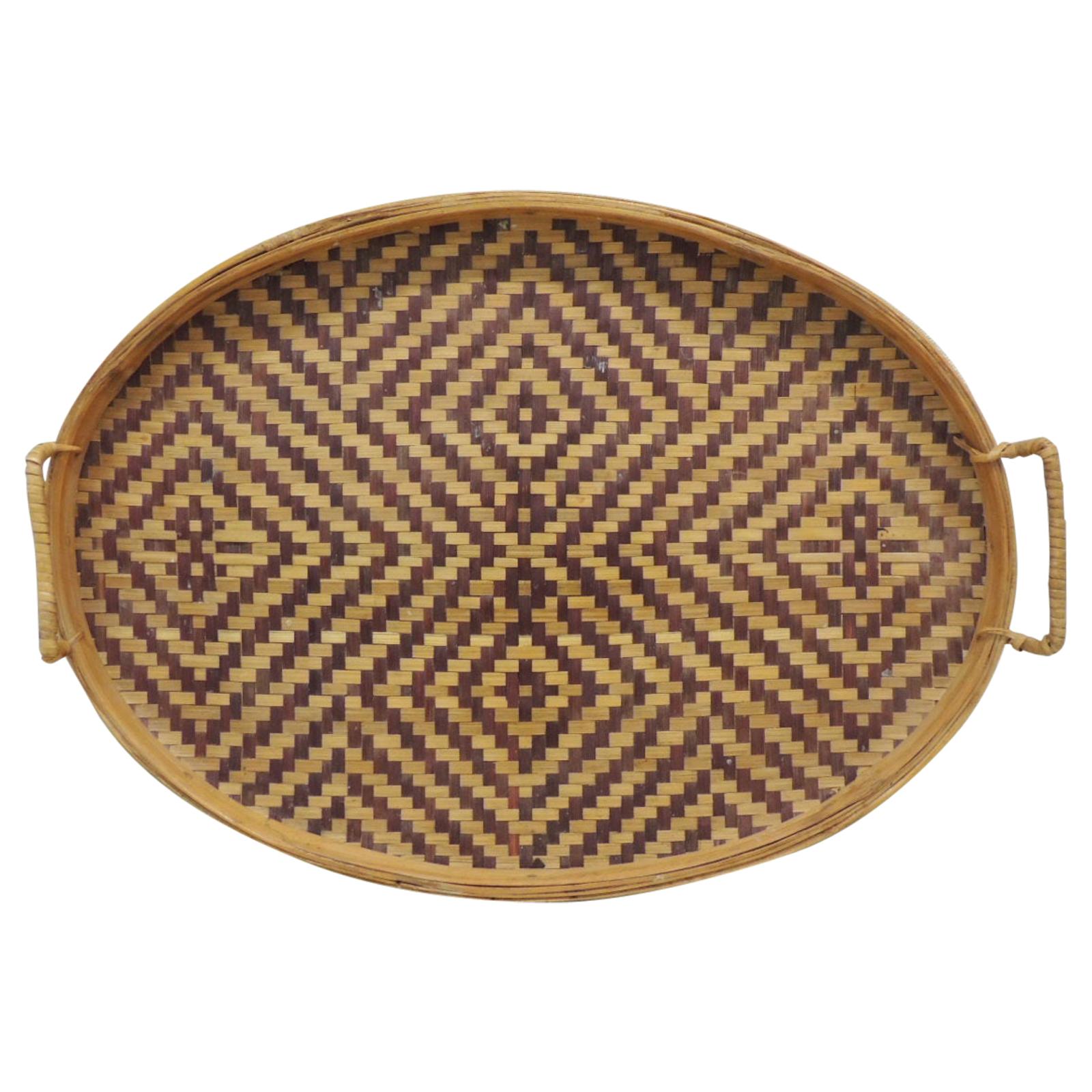 Vintage Oval Rattan and Bamboo Serving Tray with Handles
