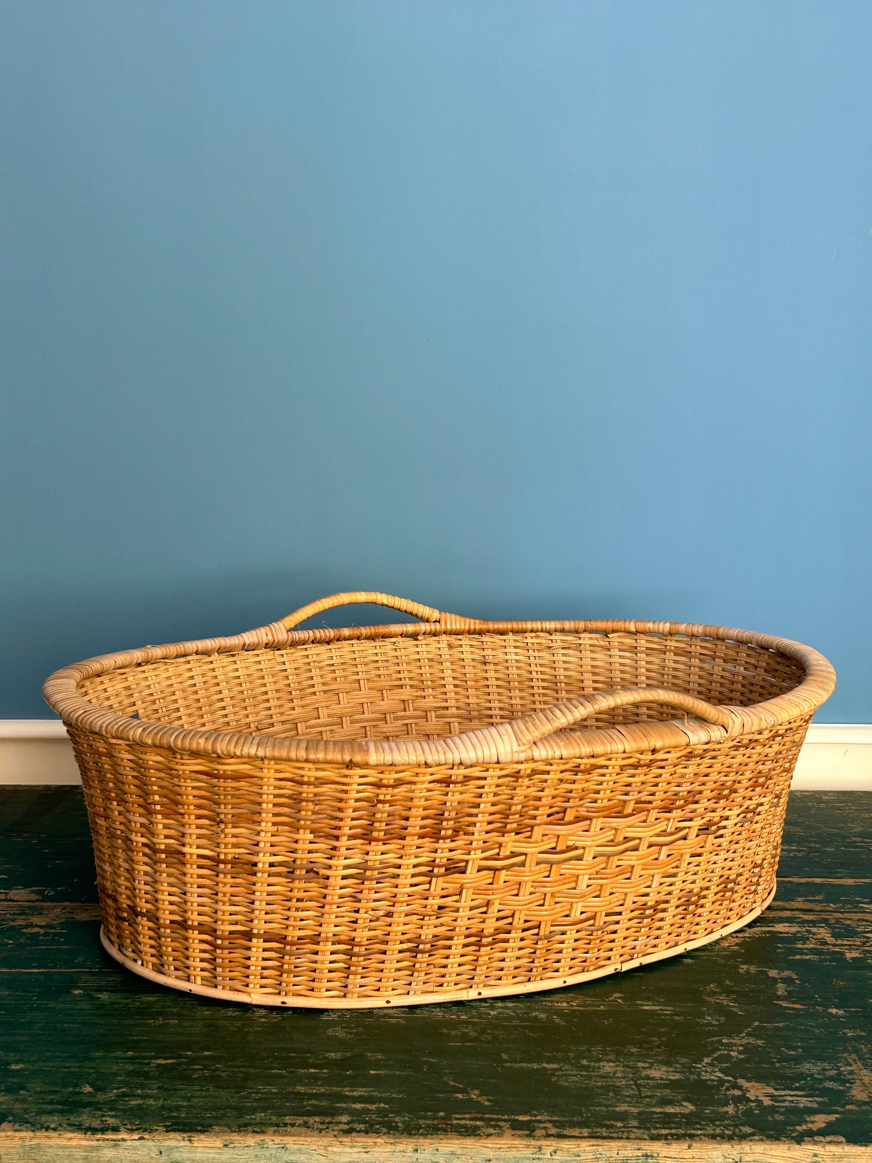 French Vintage Oval Rattan Basket with Handles, France, 20th Century For Sale