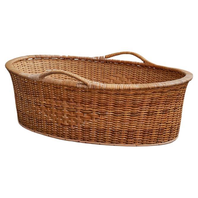 Vintage Oval Rattan Basket with Handles, France, 20th Century For Sale