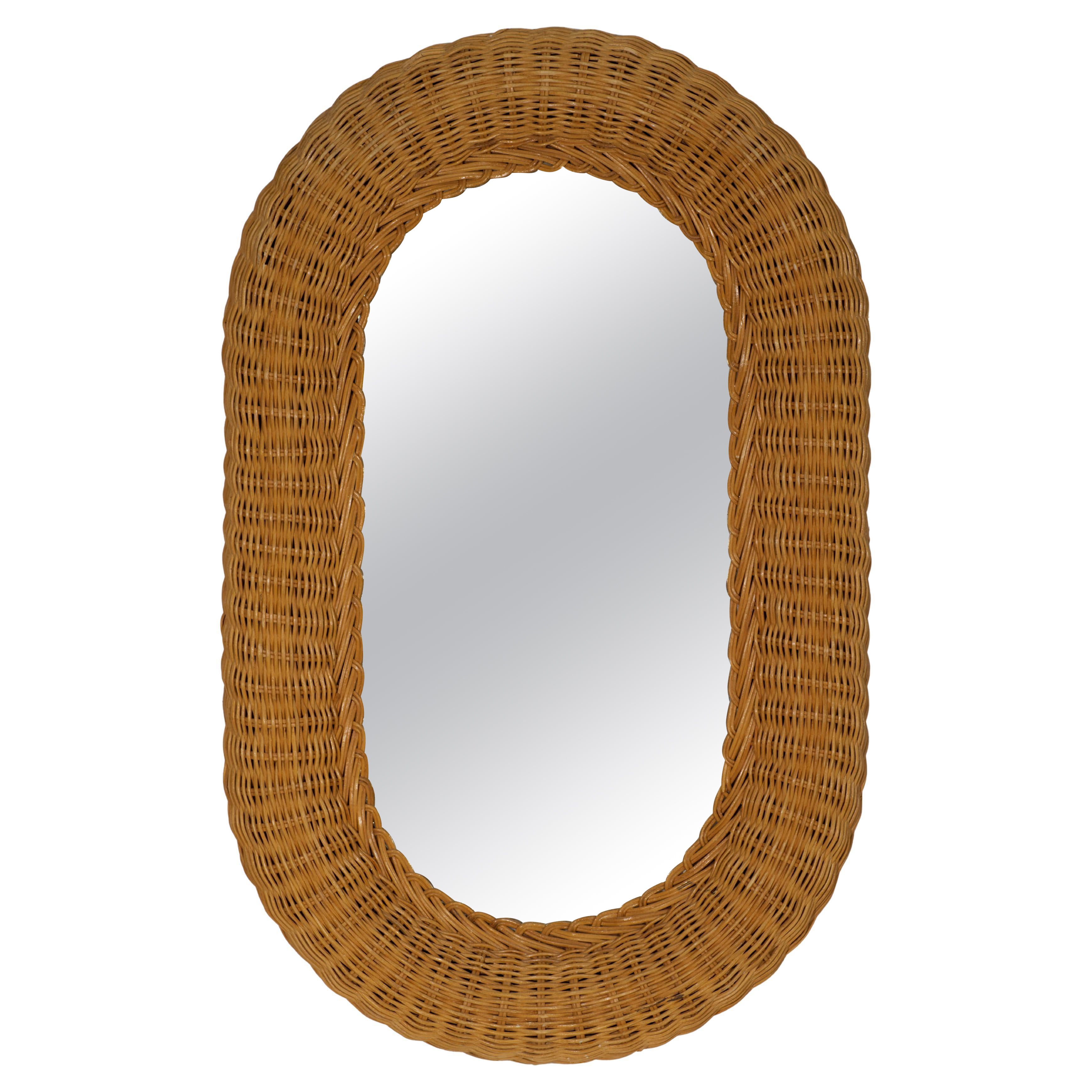 Vintage Oval Rattan Wicker Mirror, French Country Style