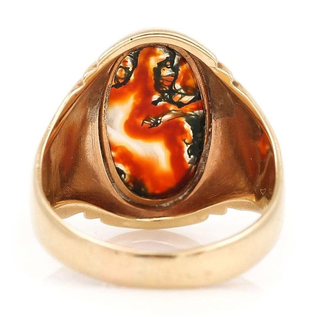 Women's or Men's Vintage Oval Red and Green Moss Agate Signet Ring, Circa 1969