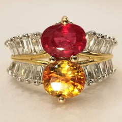 Vintage Oval Red Ruby and Golden Citrine Baguette Diamond Ring in 20K Gold