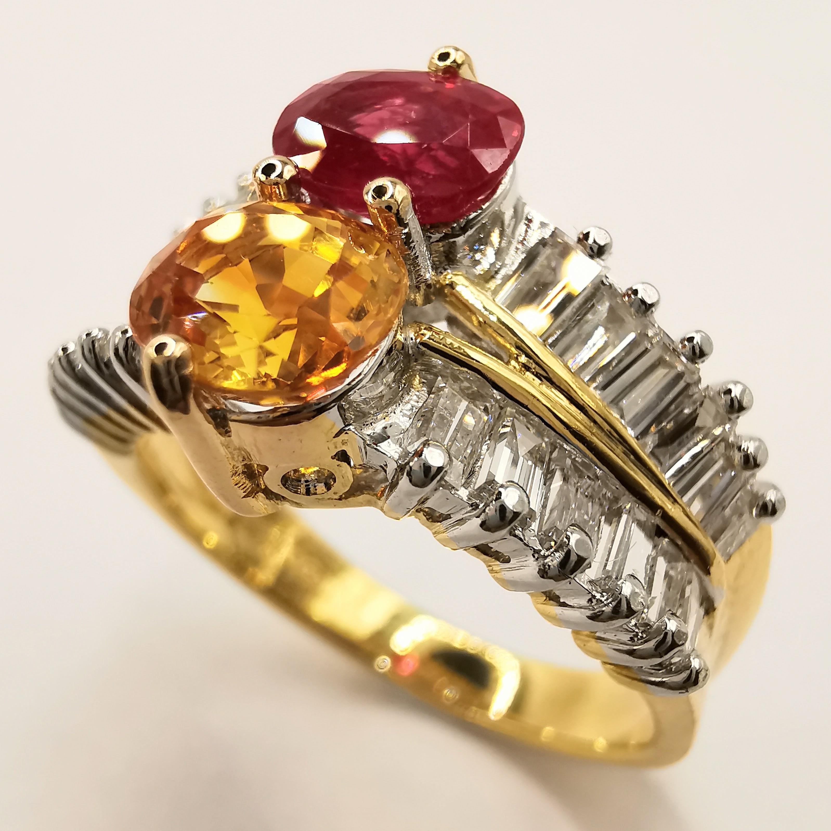 Contemporary Vintage Oval Red Ruby and Golden Citrine Baguette Diamond Ring in 20K Gold For Sale