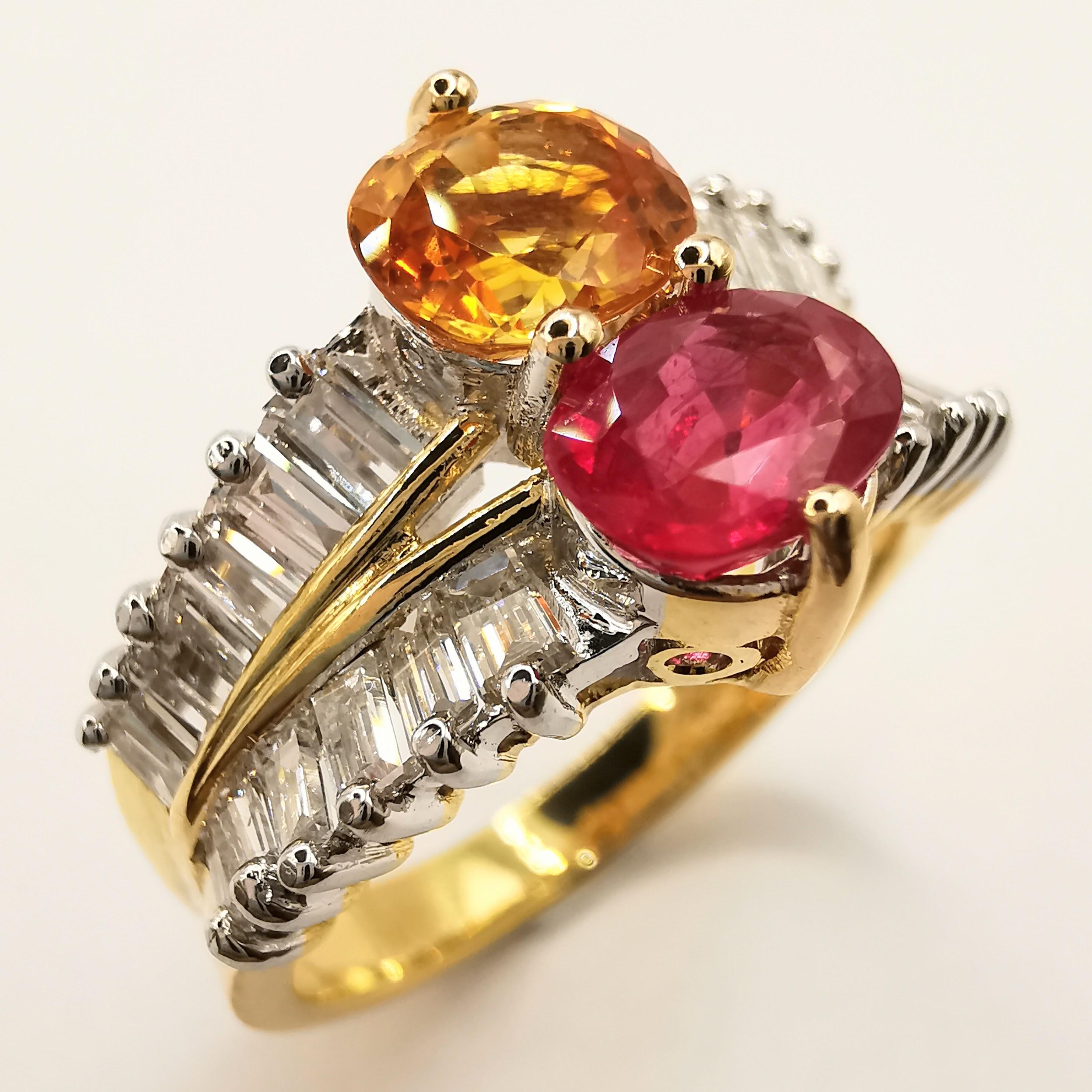 Oval Cut Vintage Oval Red Ruby and Golden Citrine Baguette Diamond Ring in 20K Gold For Sale