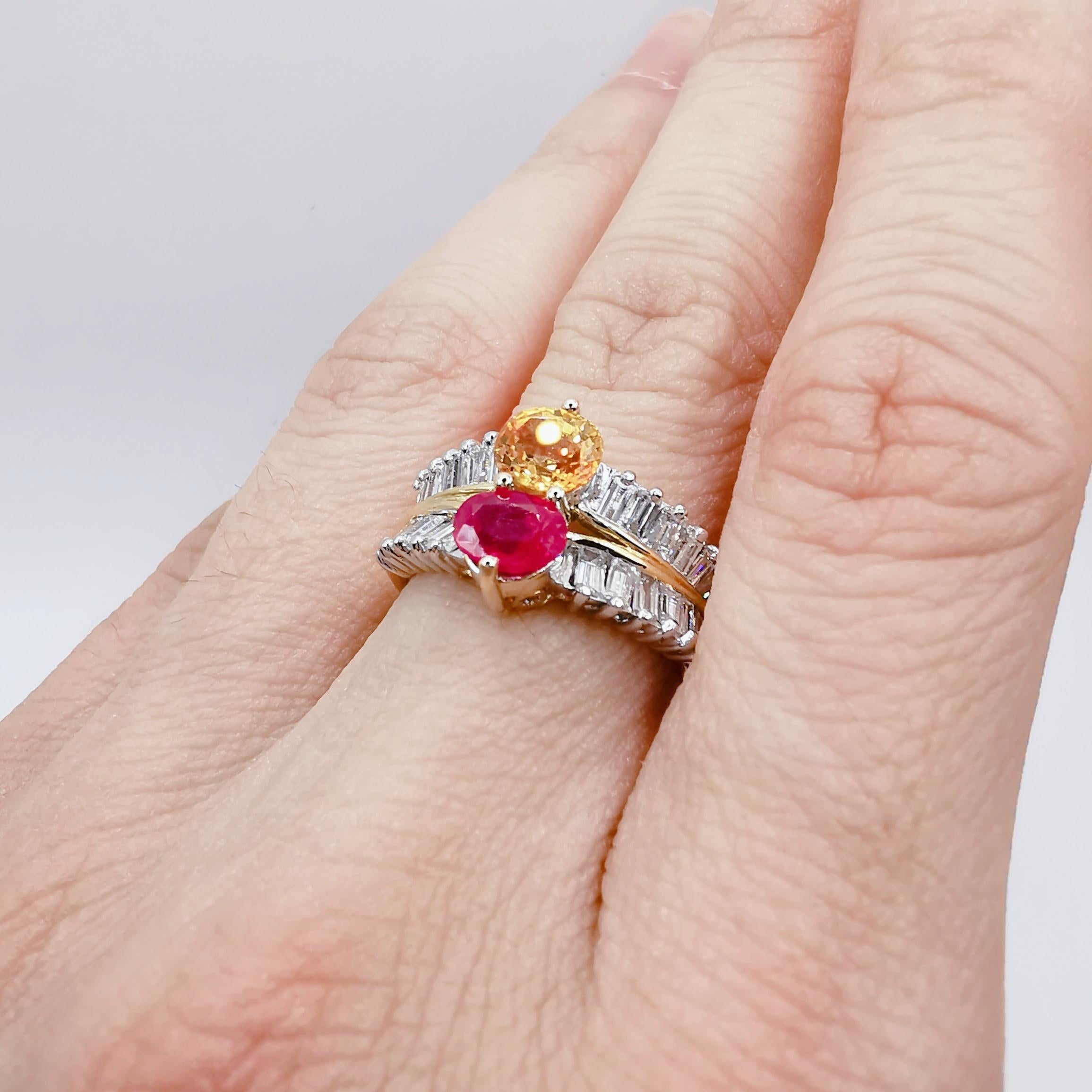 Vintage Oval Red Ruby and Golden Citrine Baguette Diamond Ring in 20K Gold For Sale 1