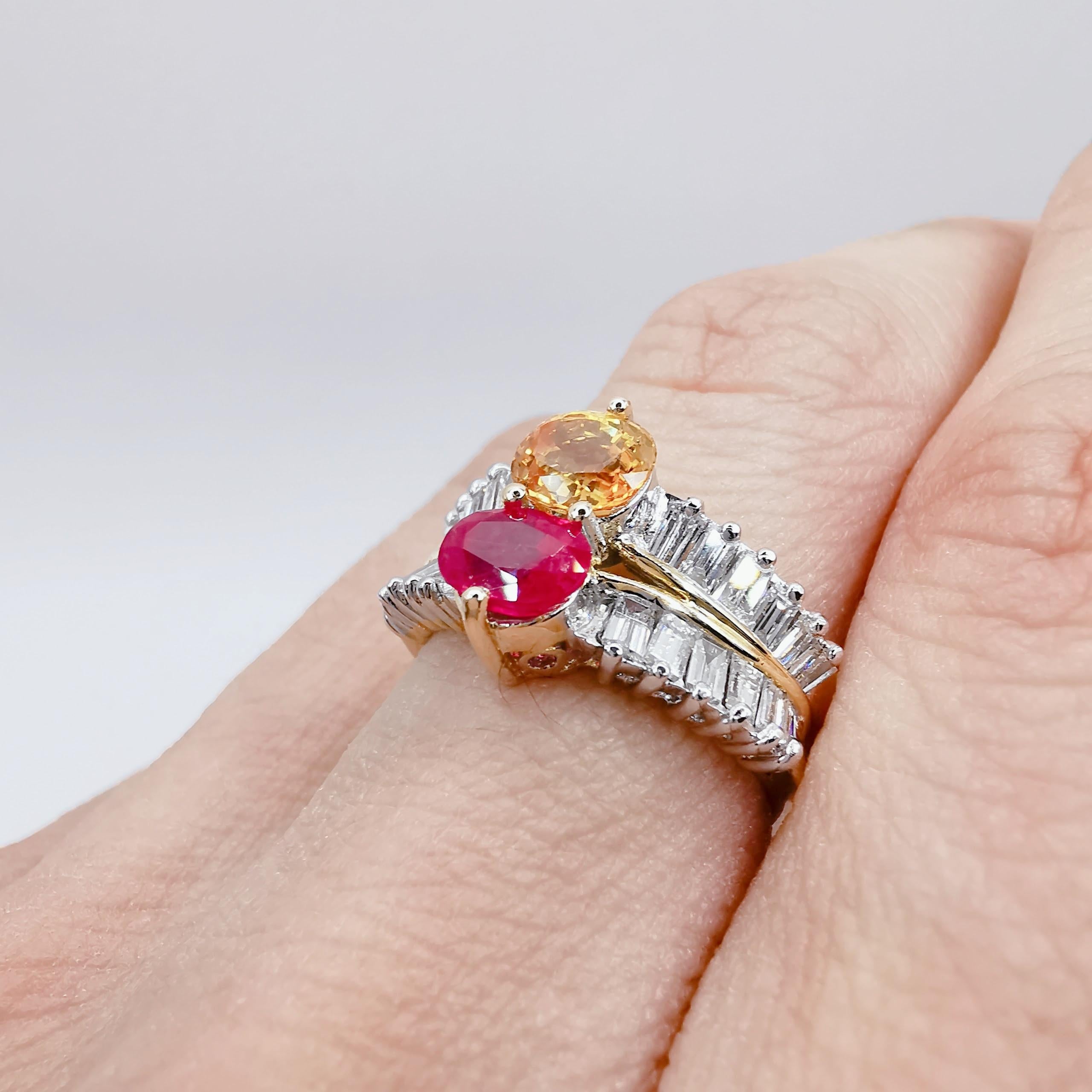 Vintage Oval Red Ruby and Golden Citrine Baguette Diamond Ring in 20K Gold For Sale 2