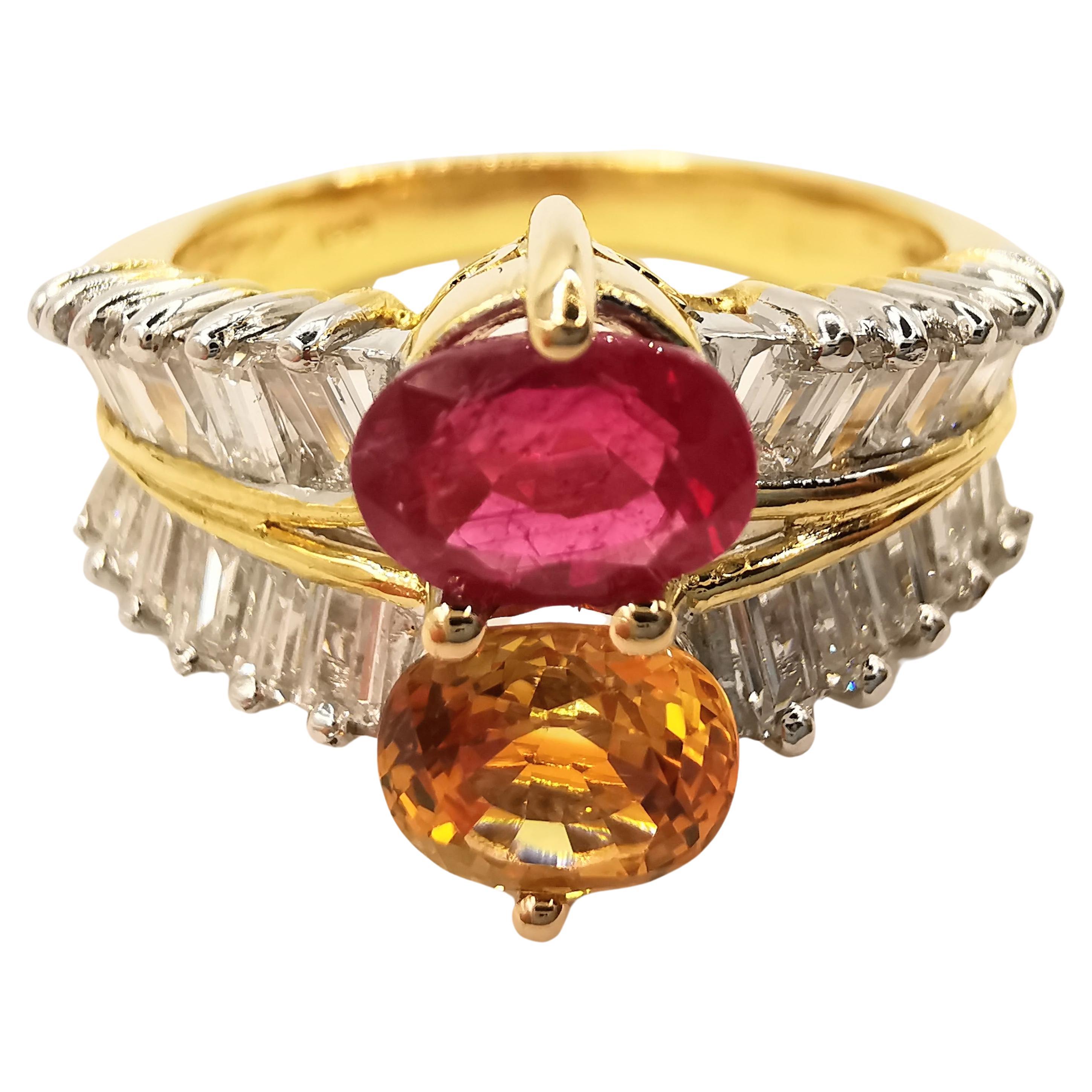 Bague vintage en or 20 carats avec rubis rouge ovale, citrine dorée et diamants baguettes