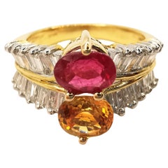 Vintage Oval Red Ruby and Golden Citrine Baguette Diamond Ring in 20K Gold