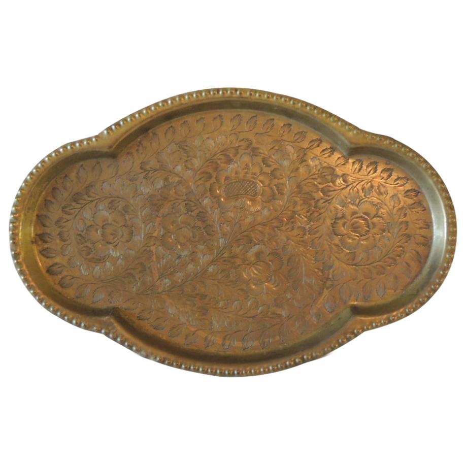 tray with lotuses old metal brass with patina serving tray Vintage Home Decor Vintage brass tray from India