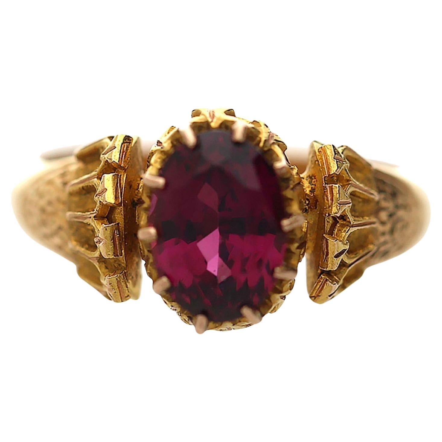 Vintage Oval Rodolite Garnet Victorian Revival in 18K Yellow Gold Solitaire Ring For Sale