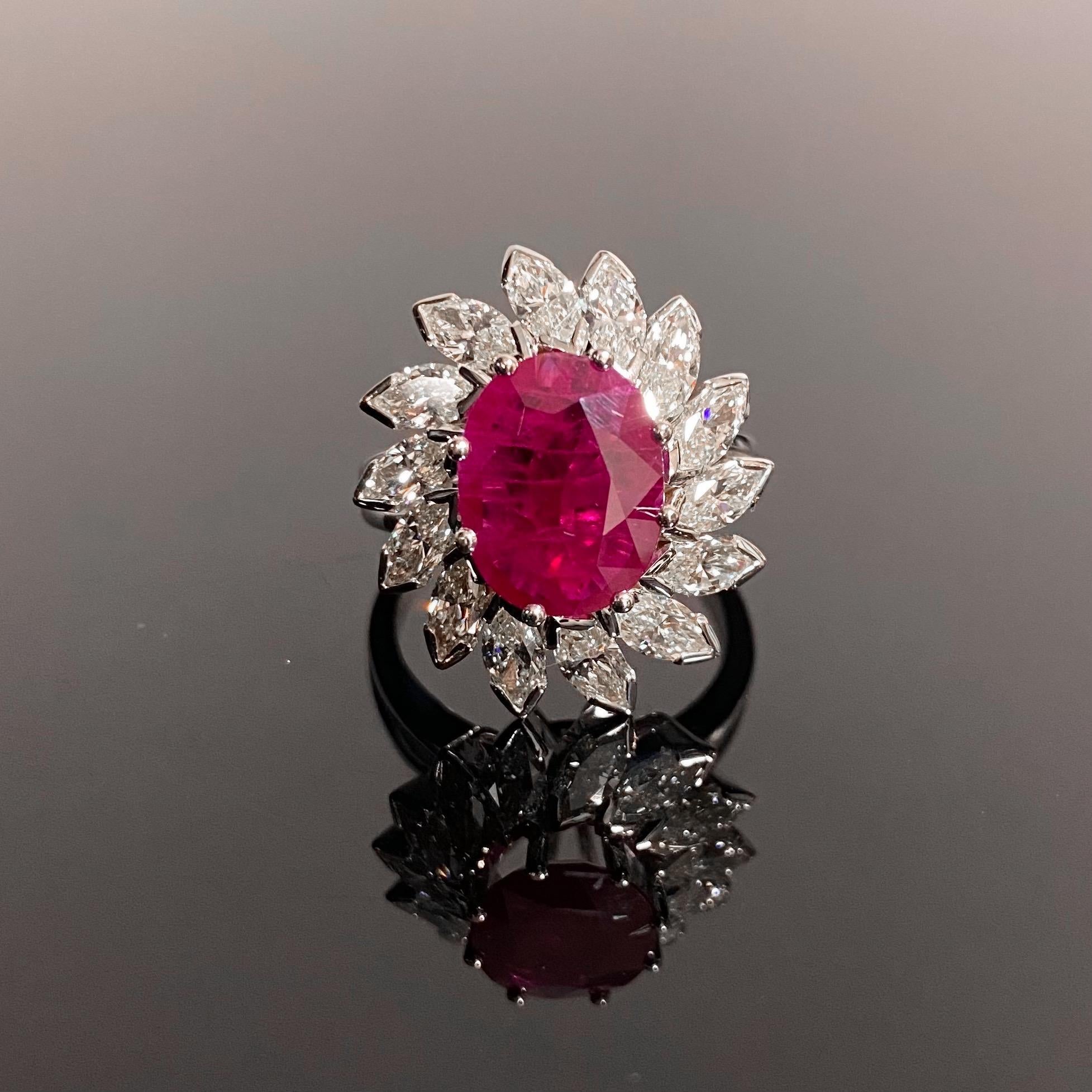 Vintage Oval Ruby Marquise Diamond Floral Coronet Cluster Engagement Ring Gold For Sale 3