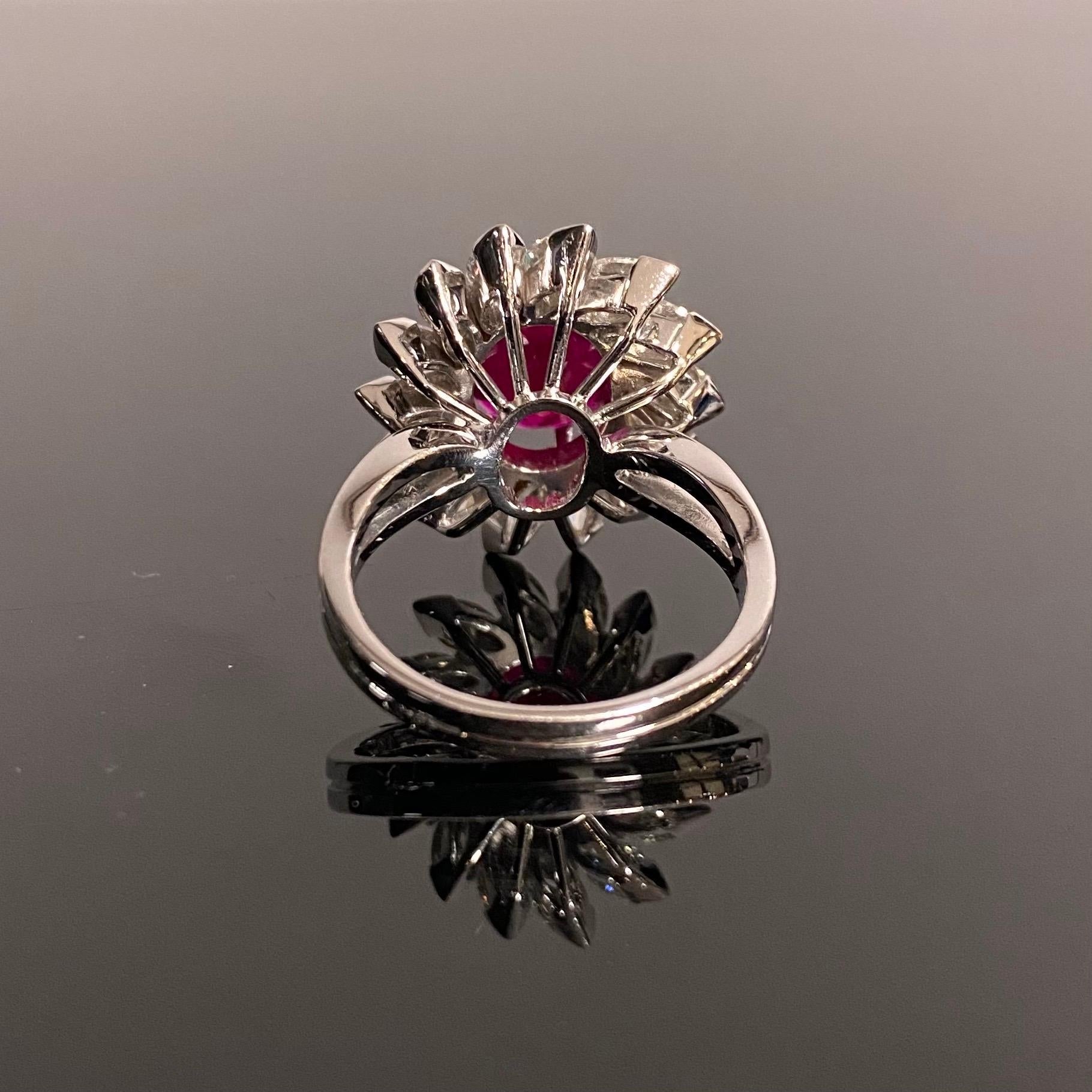 Vintage Oval Ruby Marquise Diamond Floral Coronet Cluster Engagement Ring Gold For Sale 6