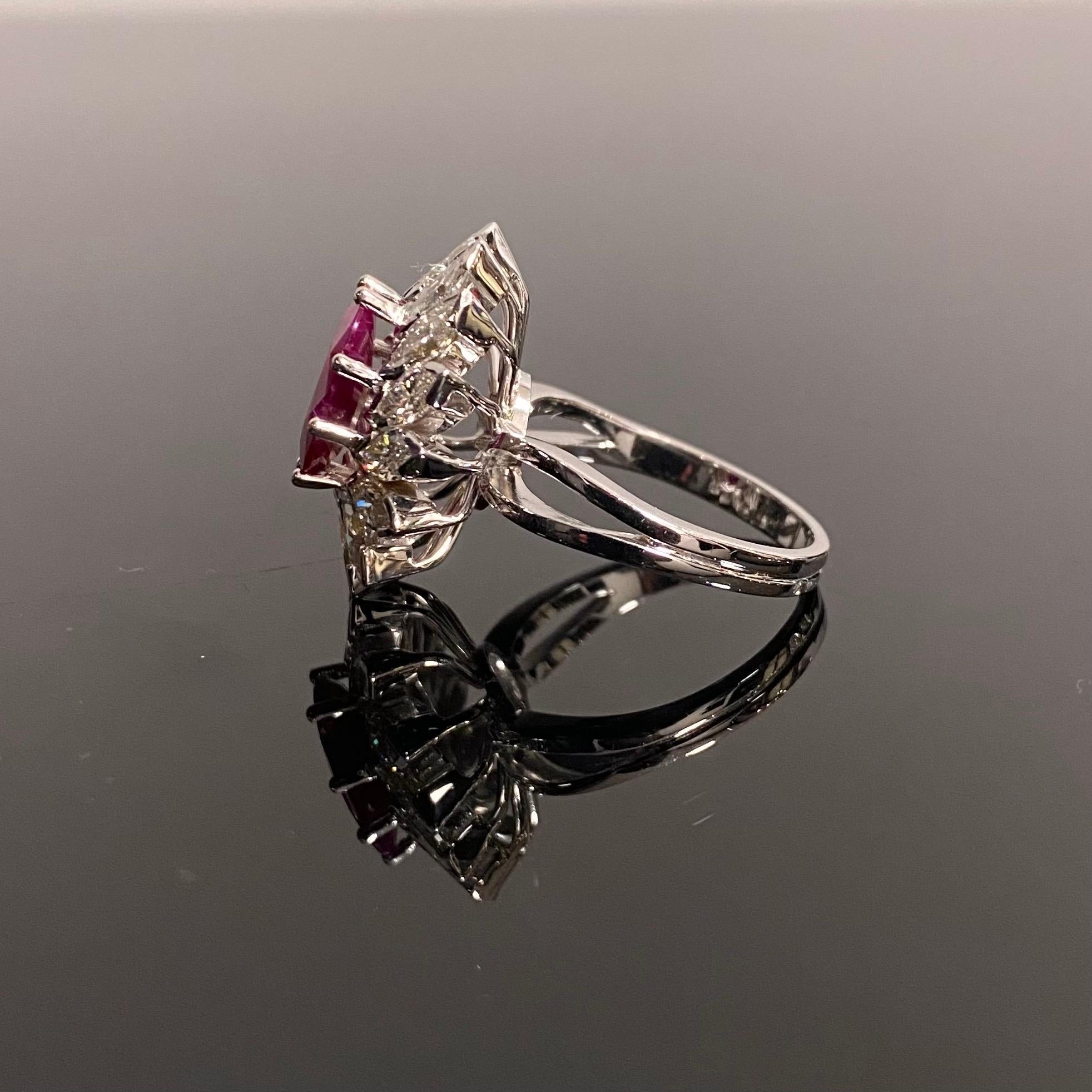 Vintage Oval Ruby Marquise Diamond Floral Coronet Cluster Engagement Ring Gold For Sale 7