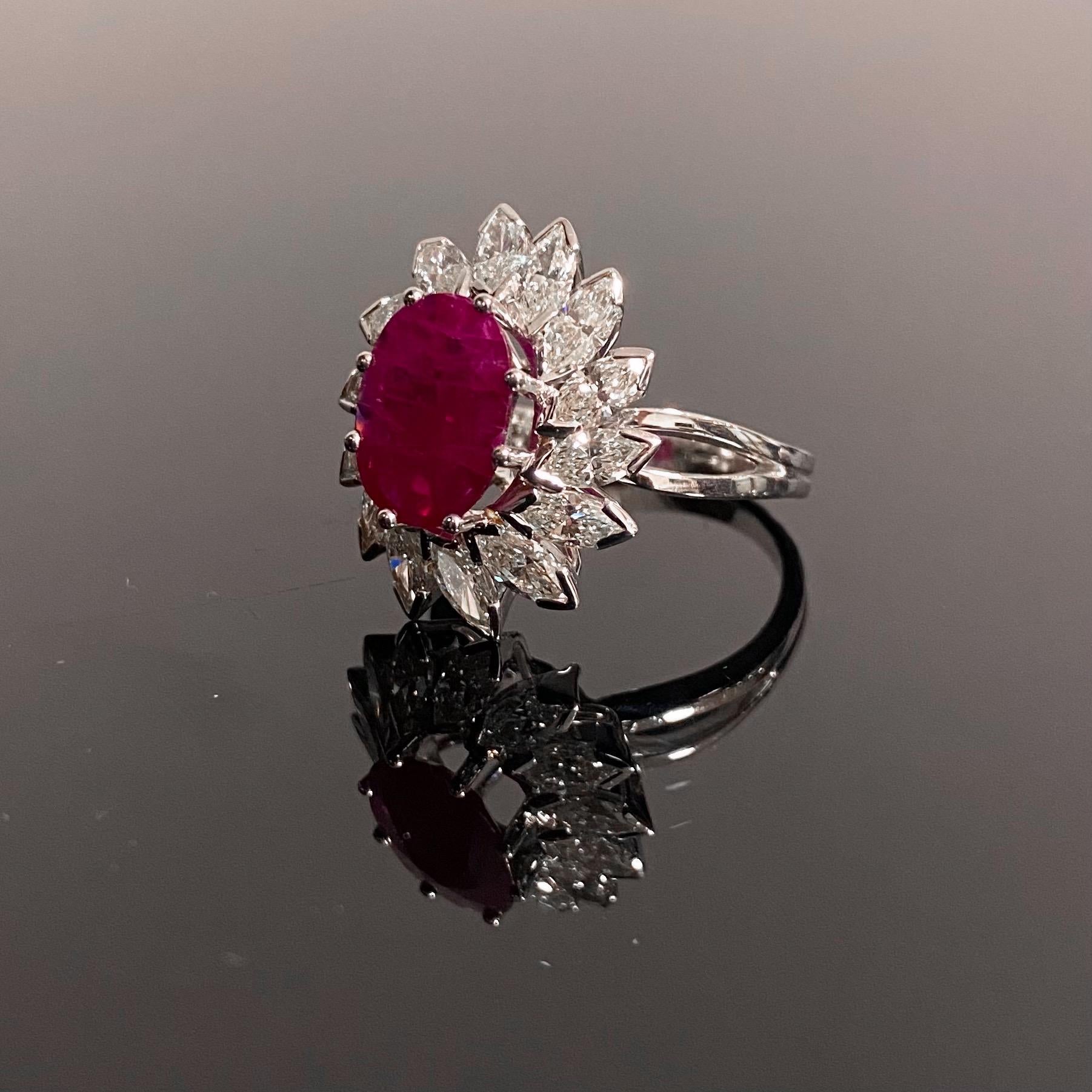 Vintage Oval Ruby Marquise Diamond Floral Coronet Cluster Engagement Ring Gold For Sale 8