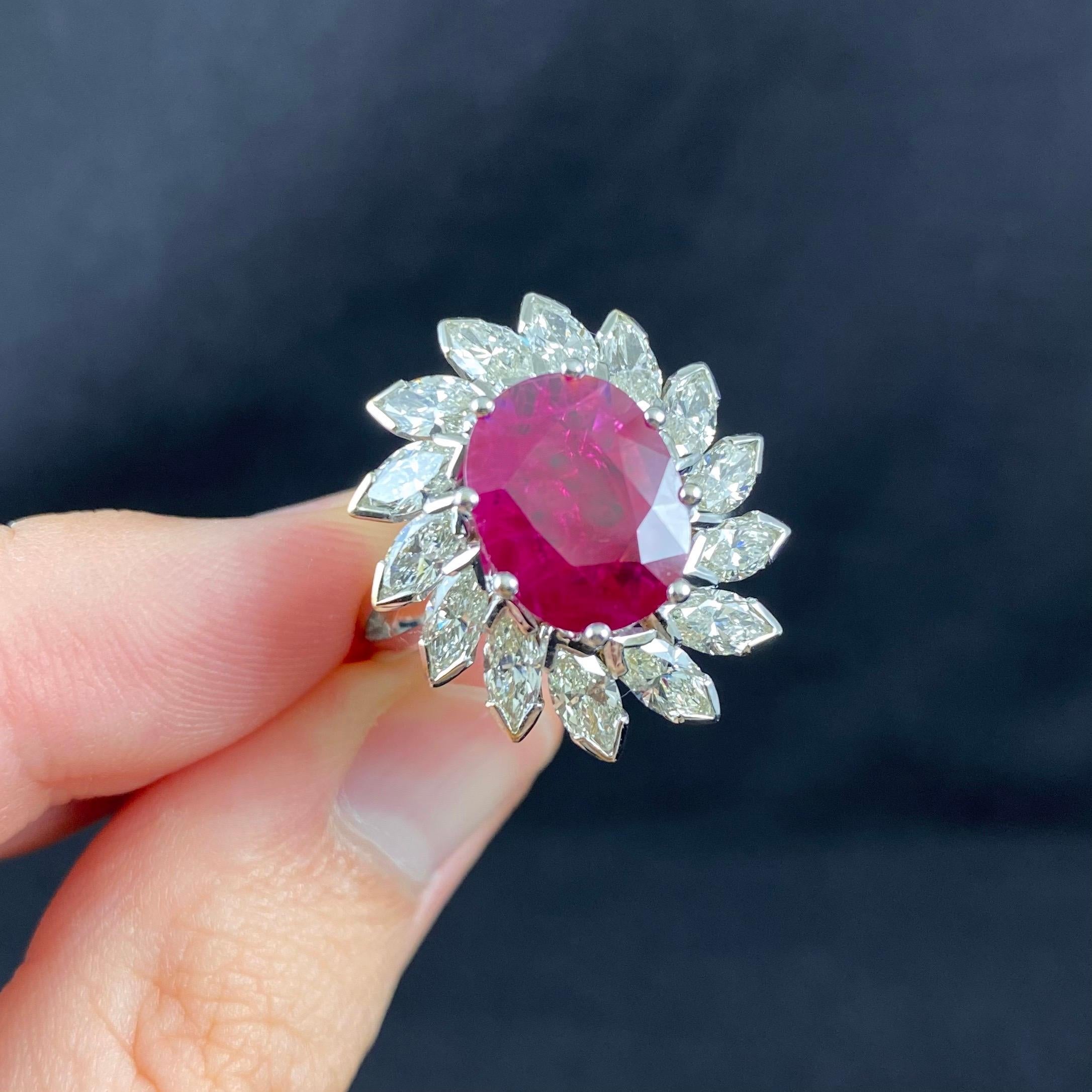 Vintage Oval Ruby Marquise Diamond Floral Coronet Cluster Engagement Ring Gold For Sale 11