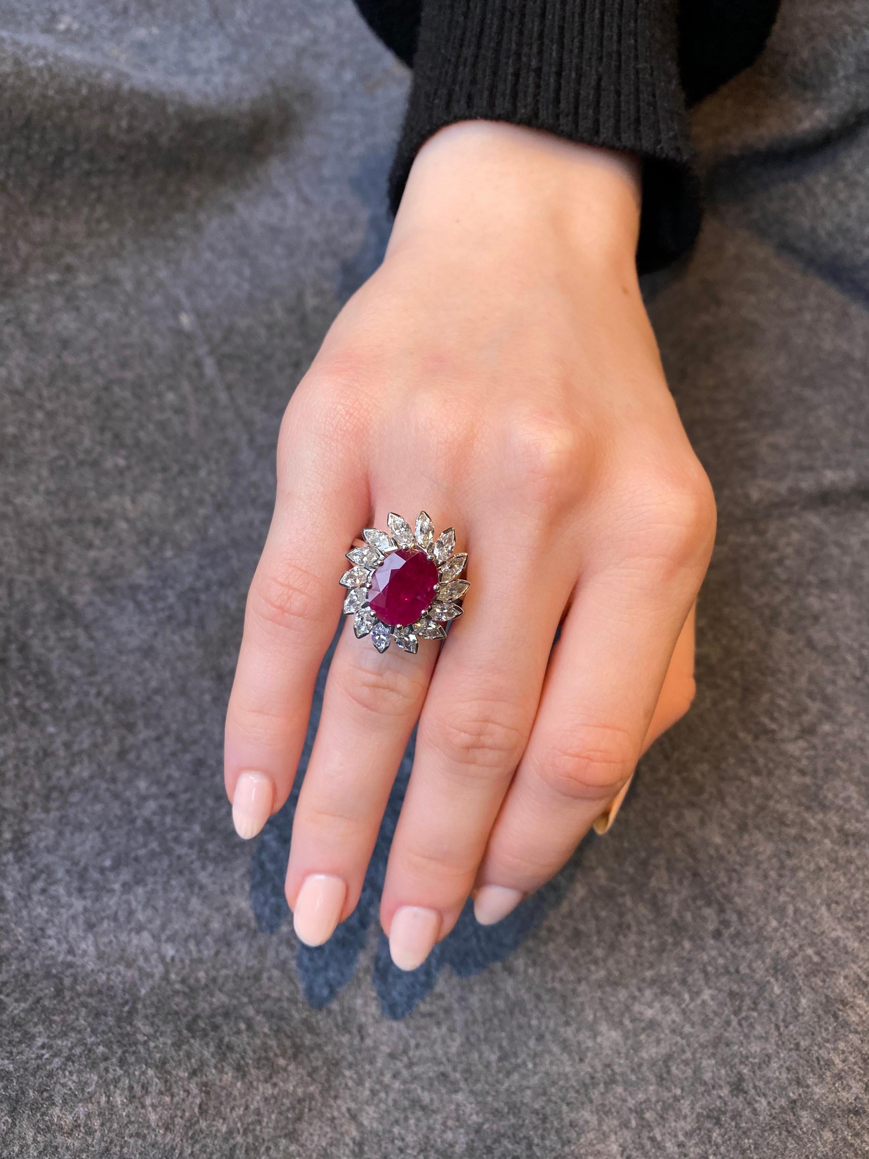 Modern Vintage Oval Ruby Marquise Diamond Floral Coronet Cluster Engagement Ring Gold For Sale