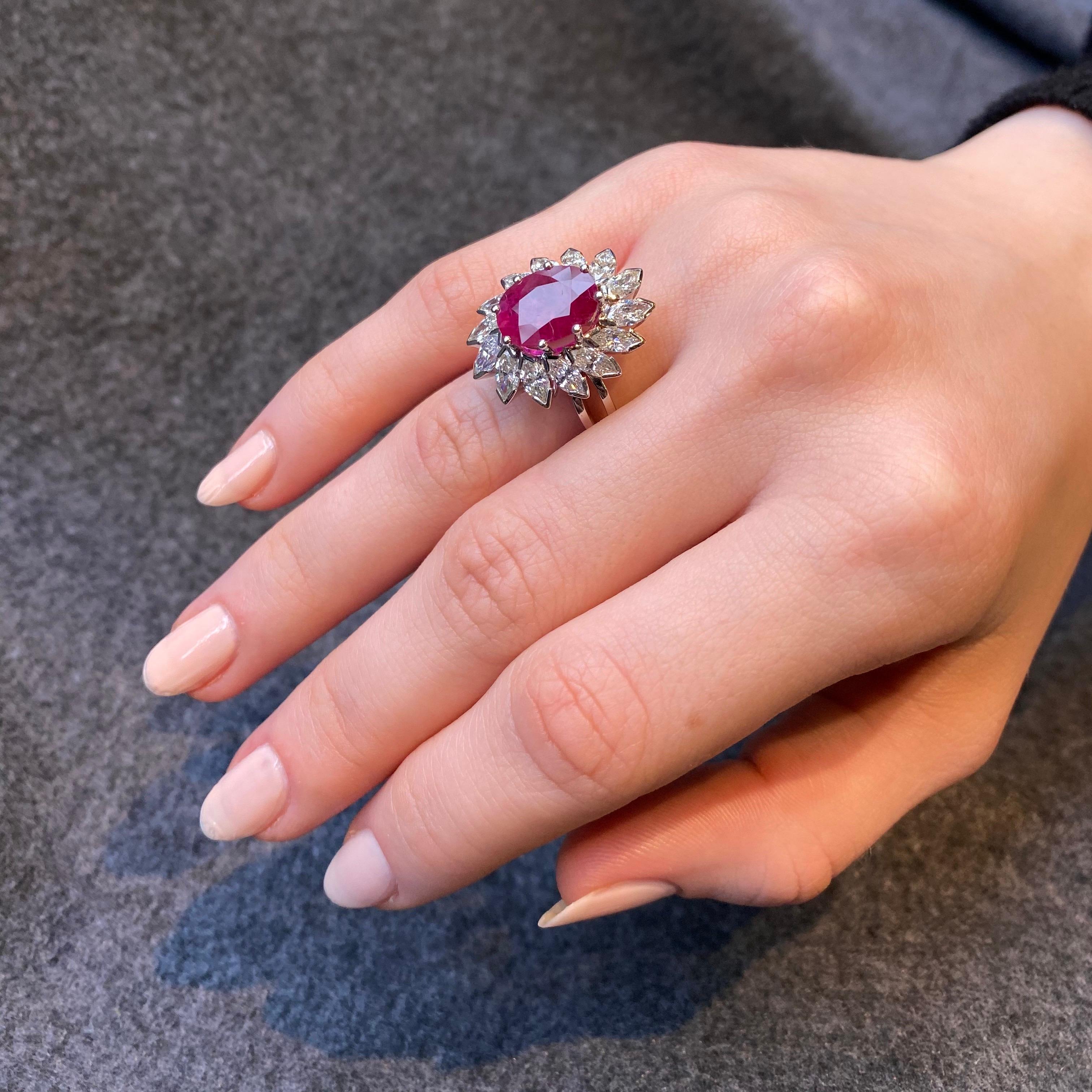 Oval Cut Vintage Oval Ruby Marquise Diamond Floral Coronet Cluster Engagement Ring Gold For Sale