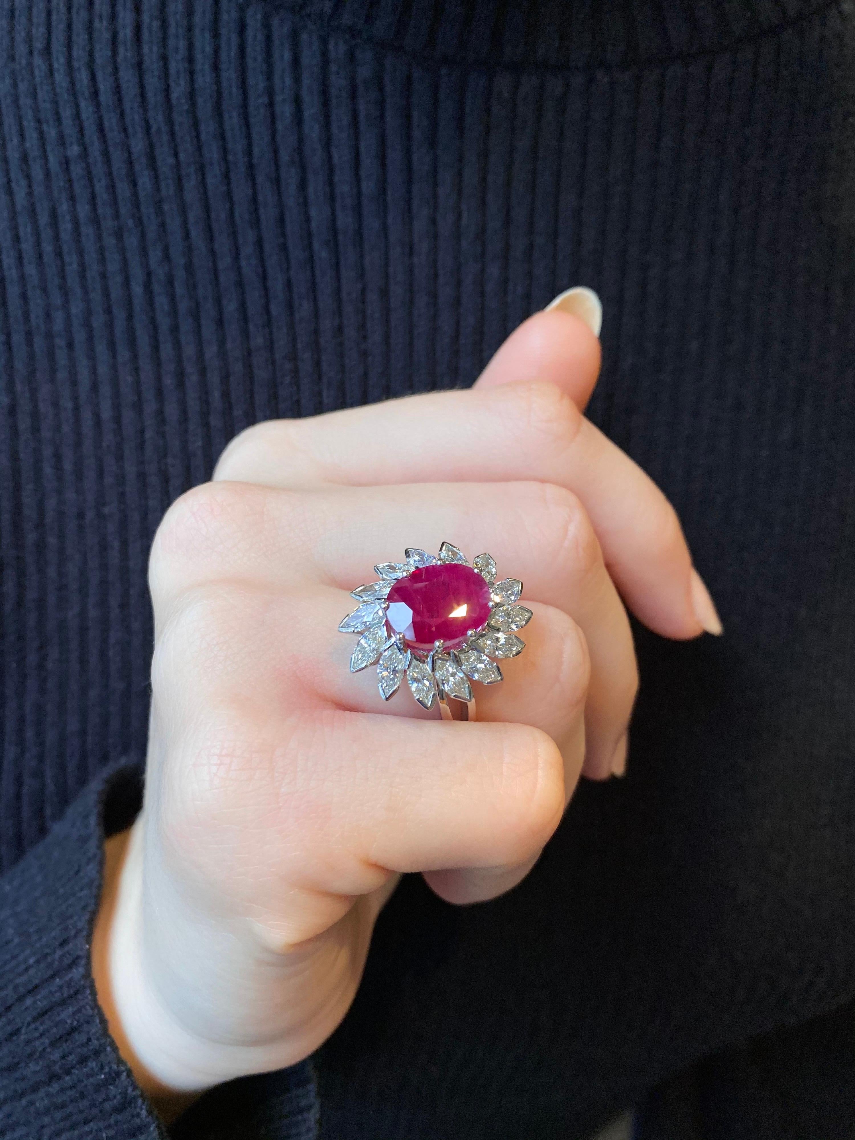 Vintage Oval Ruby Marquise Diamond Floral Coronet Cluster Engagement Ring Gold For Sale 1