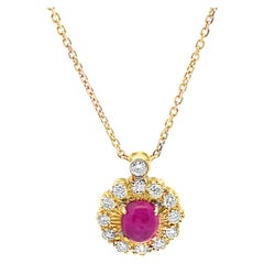 Vintage Oval Ruby Pendant in 18K Gold with Diamonds on a New Chain