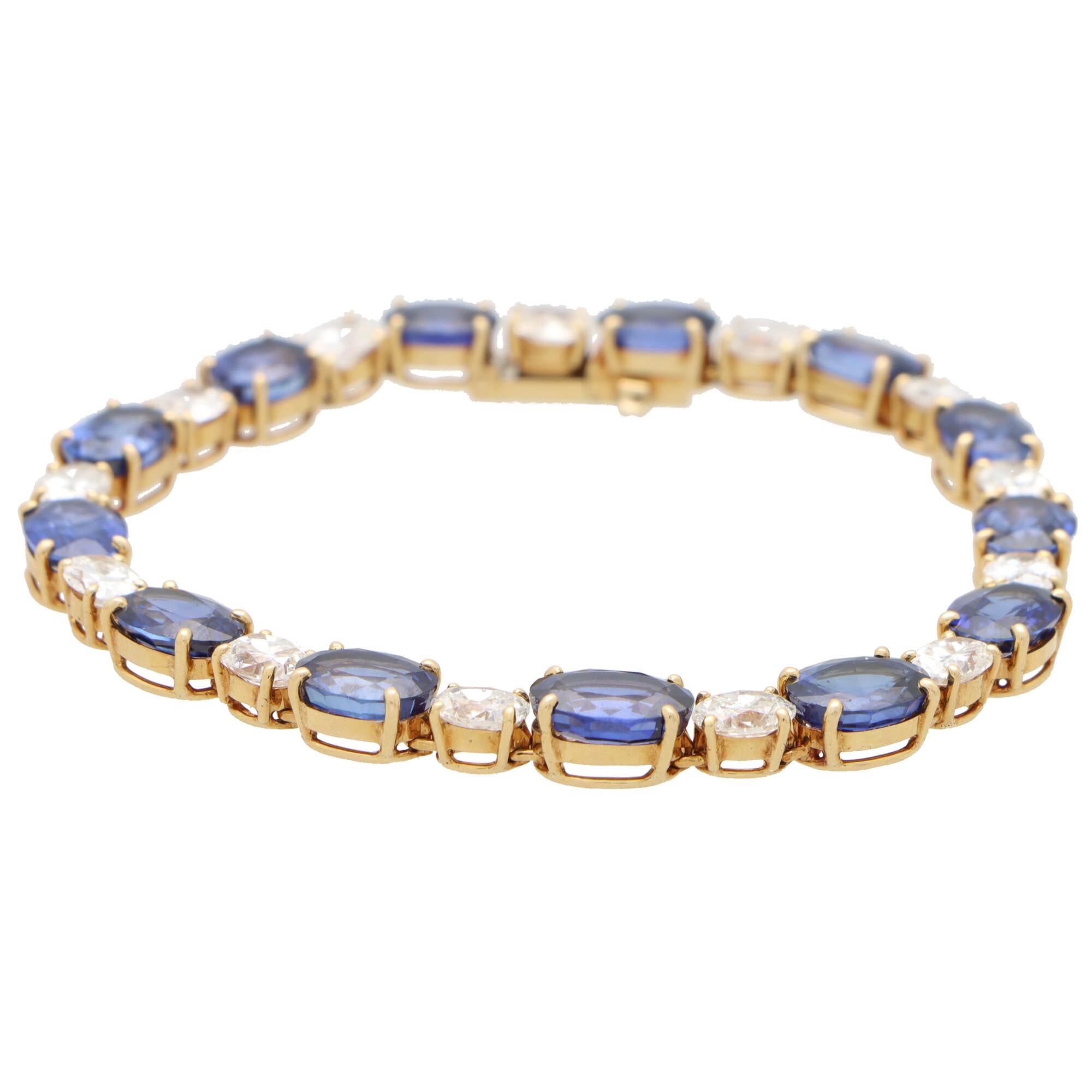 Oval Cut Vintage Oval Sapphire and Diamond Line Tennis Bracelet Set in 18k Yellow Gold For Sale