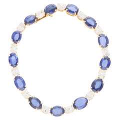 Retro Oval Sapphire and Diamond Line Tennis Bracelet Set in 18k Yellow Gold