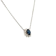 Vintage Oval Sapphire and Diamond Platinum Halo Drop Pendant Necklace