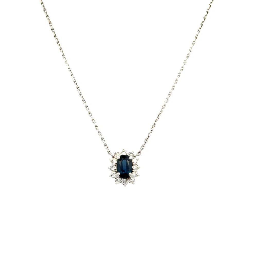 Collar Colgante Vintage Ovalado Zafiro y Diamante Halo Gota Platino Modernista en venta
