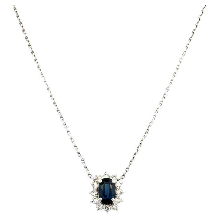 Vintage Oval Sapphire and Diamond Platinum Halo Drop Pendant Necklace